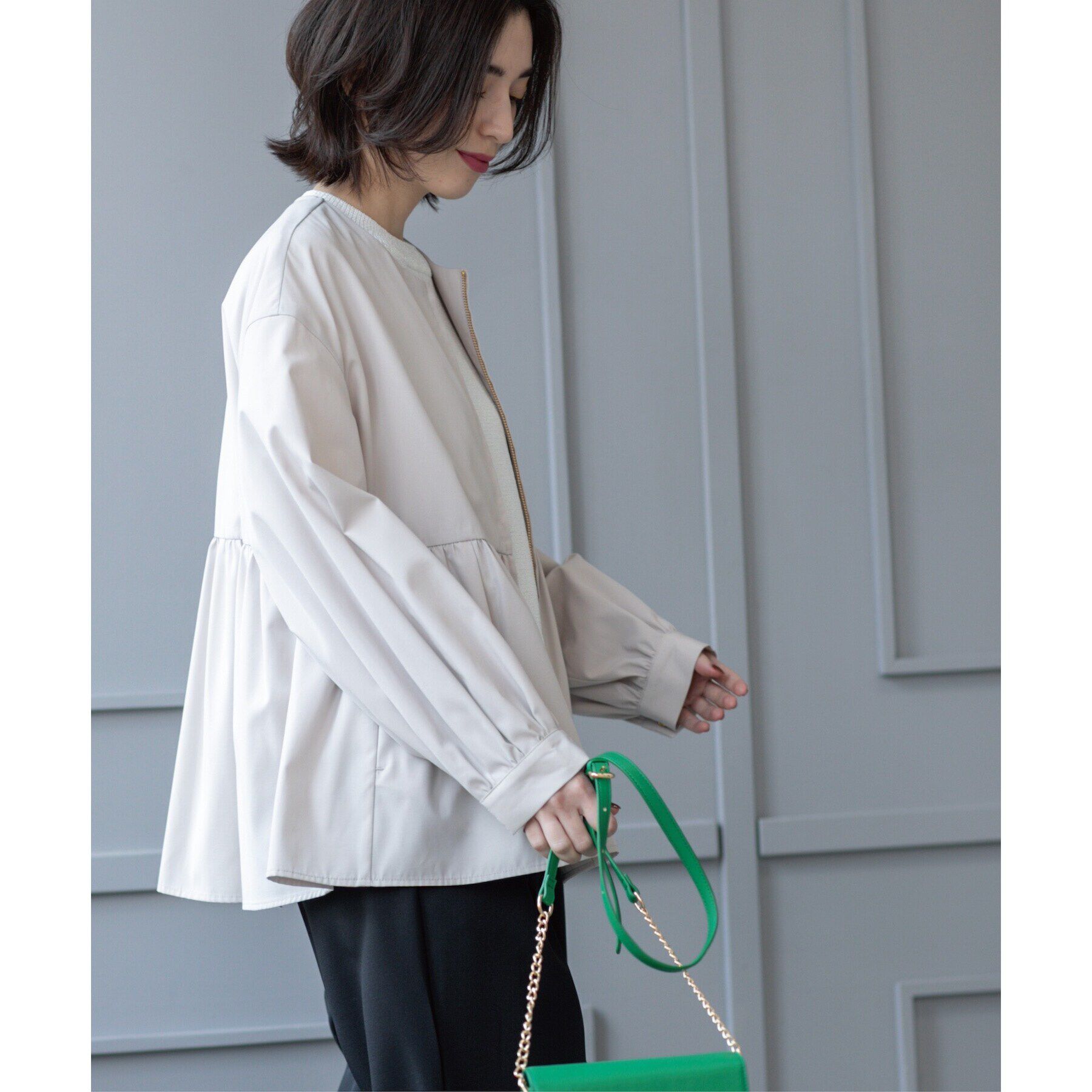 OPAQUE.CLIP「撥水ノーカラーペプラムブルゾン【洗濯機洗い可/花粉対応】」|ノーカラージャケット|