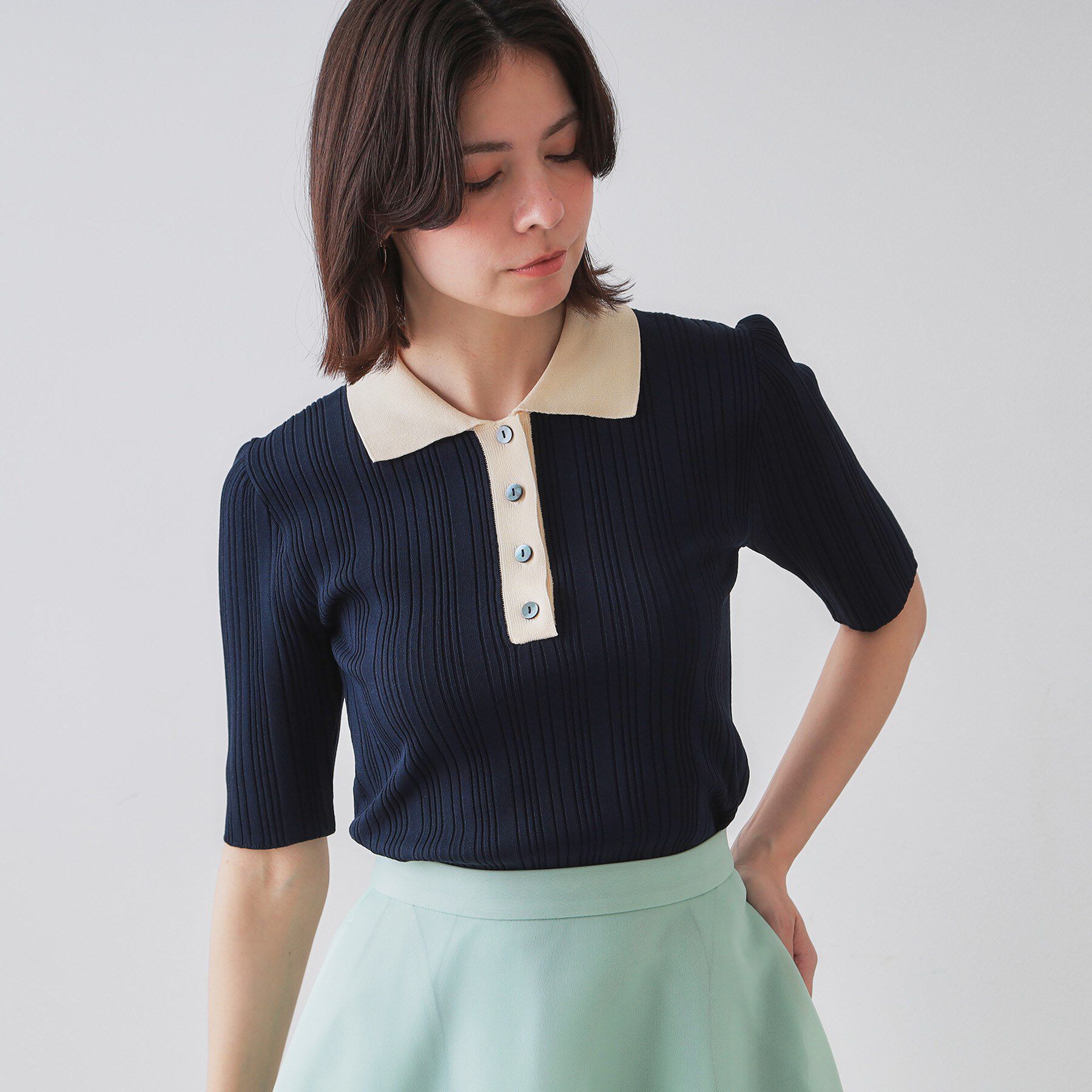 OPAQUE.CLIP「配色ポロランダムリブニット【洗濯機洗い可/抗ピル】」|ニット・セーター|