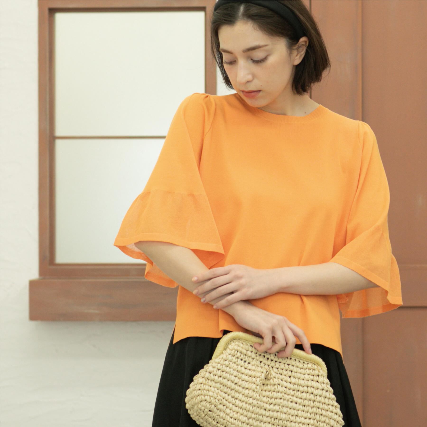 OPAQUE.CLIP「《5色展開》シアーフレアスリーブニット【洗濯機洗い可】」|ニット・セーター|オレンジ(066)