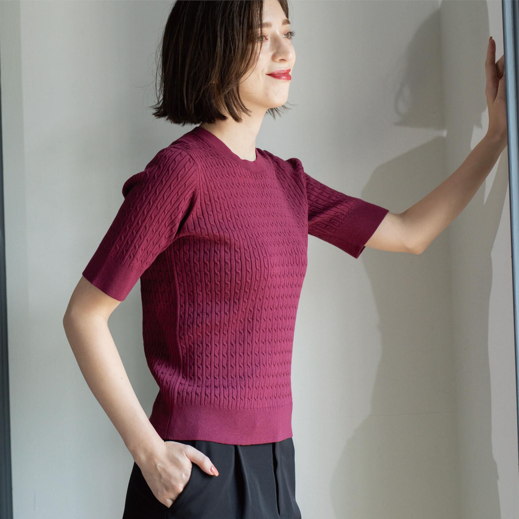 OPAQUE.CLIP「ケーブルハーフスリーブニット【UVケア/洗濯機OK】《6col/S～LL》」|ニット・セーター|