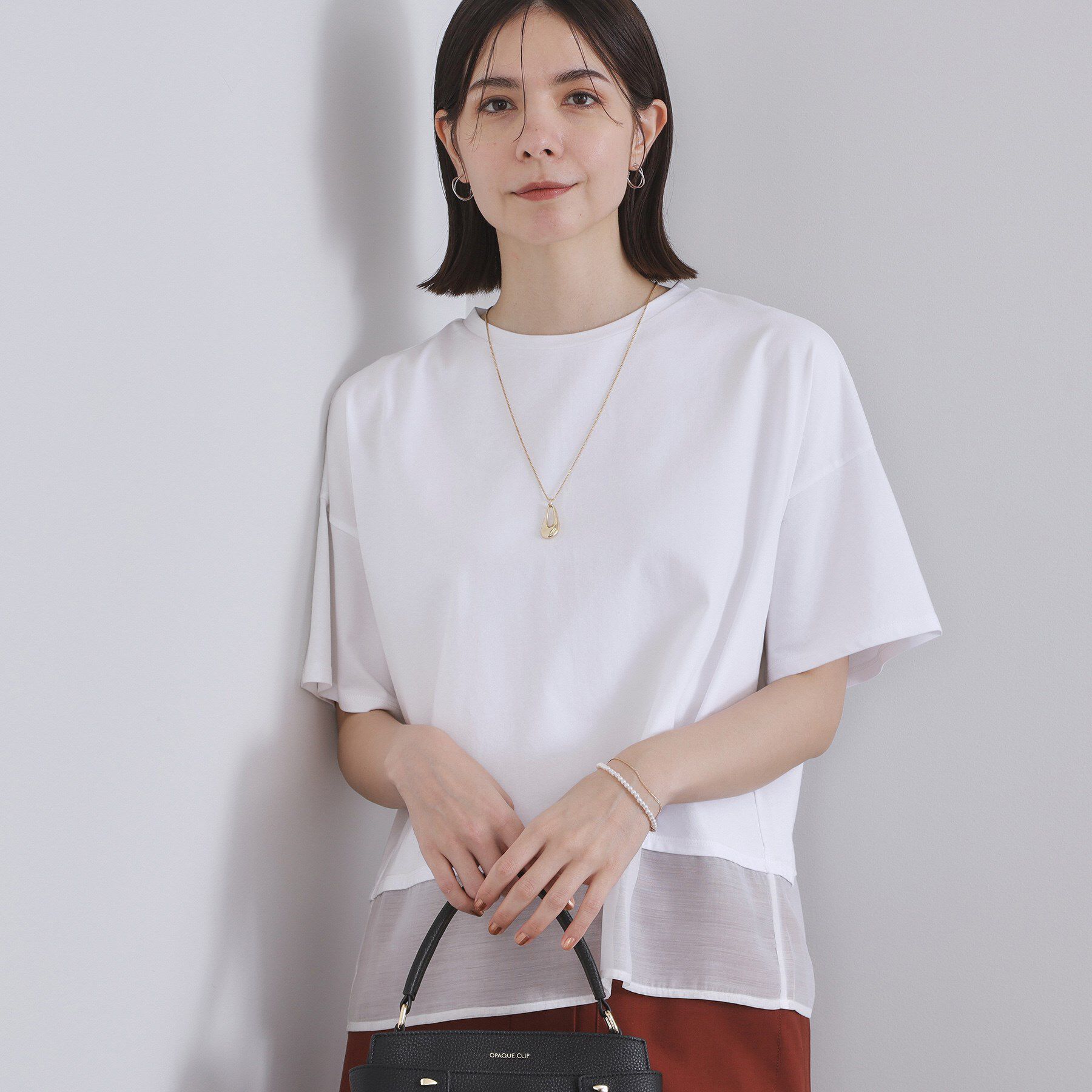 OPAQUE.CLIP「裾シアードッキングボクシーTシャツ【洗濯機洗い可】」|Tシャツ・カットソー|ホワイト(001)