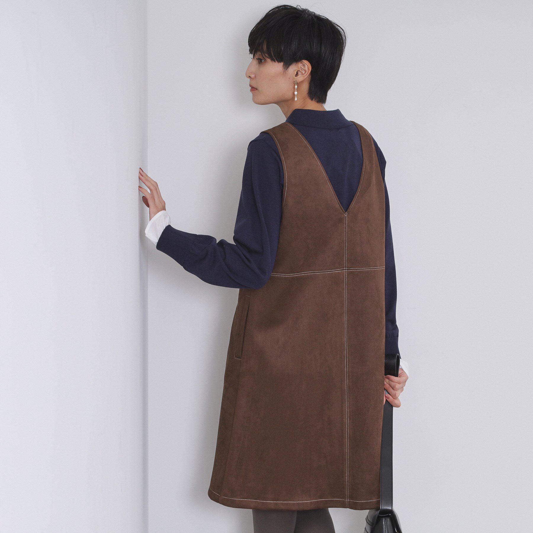 OPAQUE.CLIP「スエードライクVネックジャンドレ【洗濯機OK】」|ワンピース|