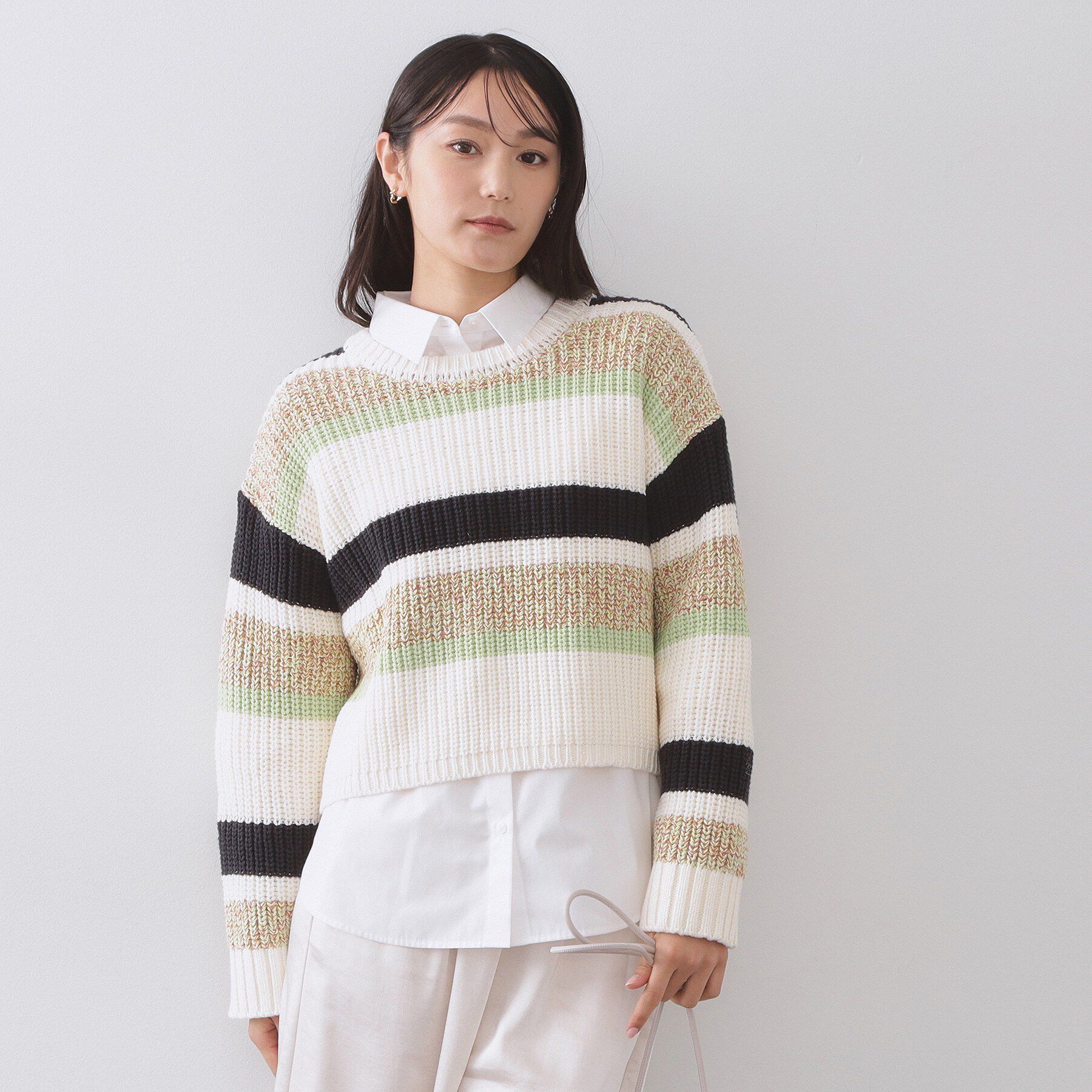 OPAQUE.CLIP「カラーボーダーミドルゲージニット」|ニット・セーター|オフホワイト(303
