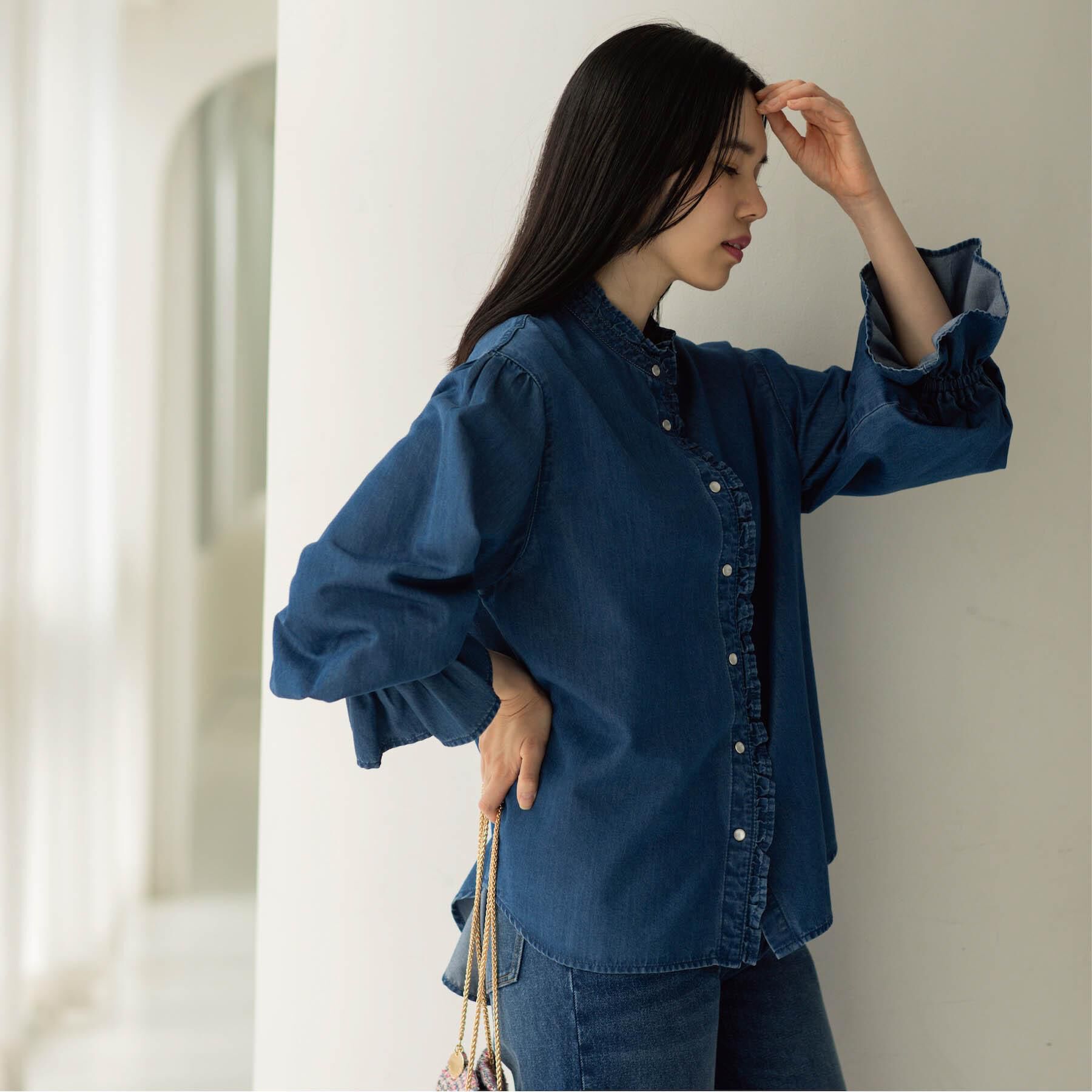 OPAQUE.CLIP「セルロース混デニムフリルブラウス【洗濯機OK】」|シャツ・ブラウス|