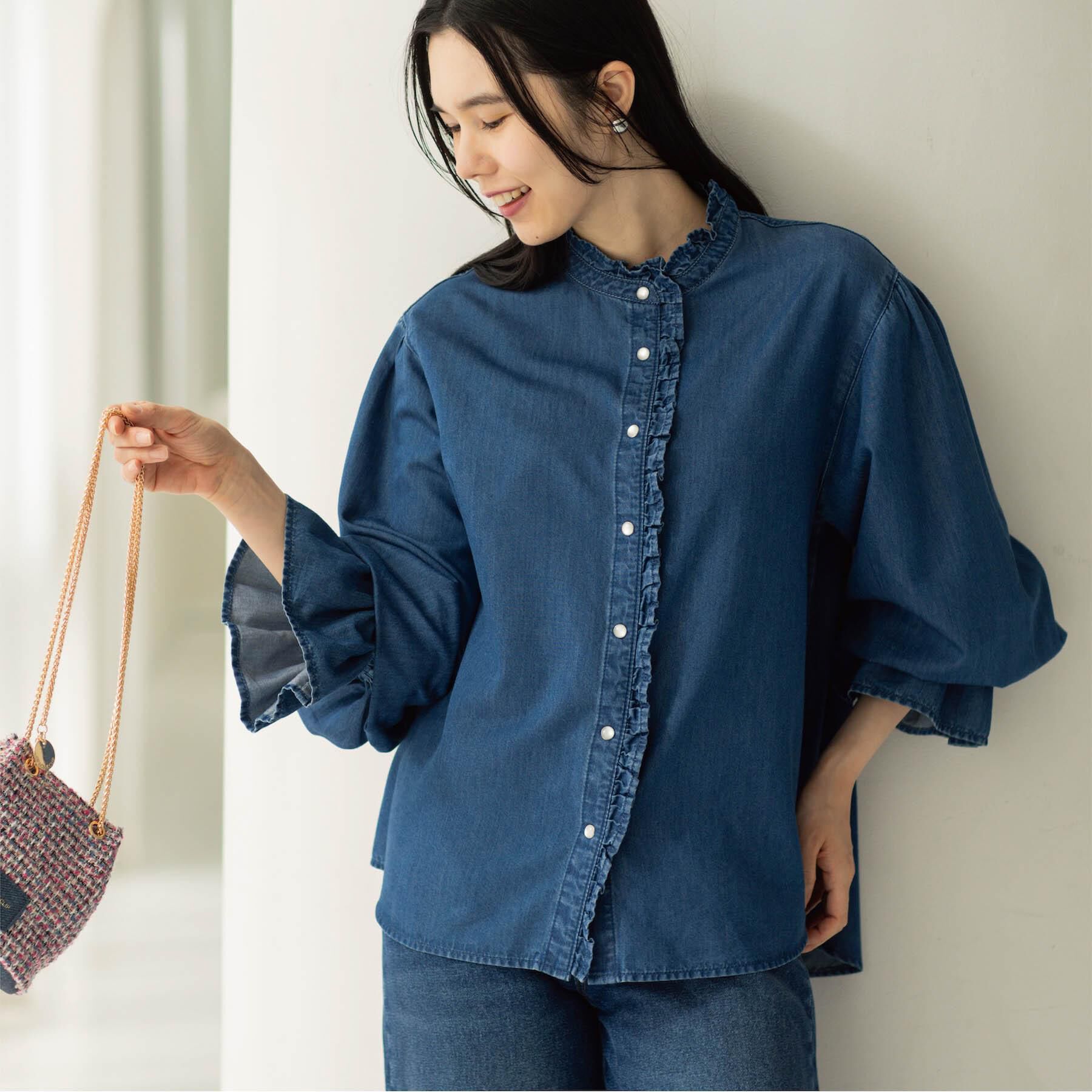 OPAQUE.CLIP「セルロース混デニムフリルブラウス【洗濯機OK】」|シャツ・ブラウス|