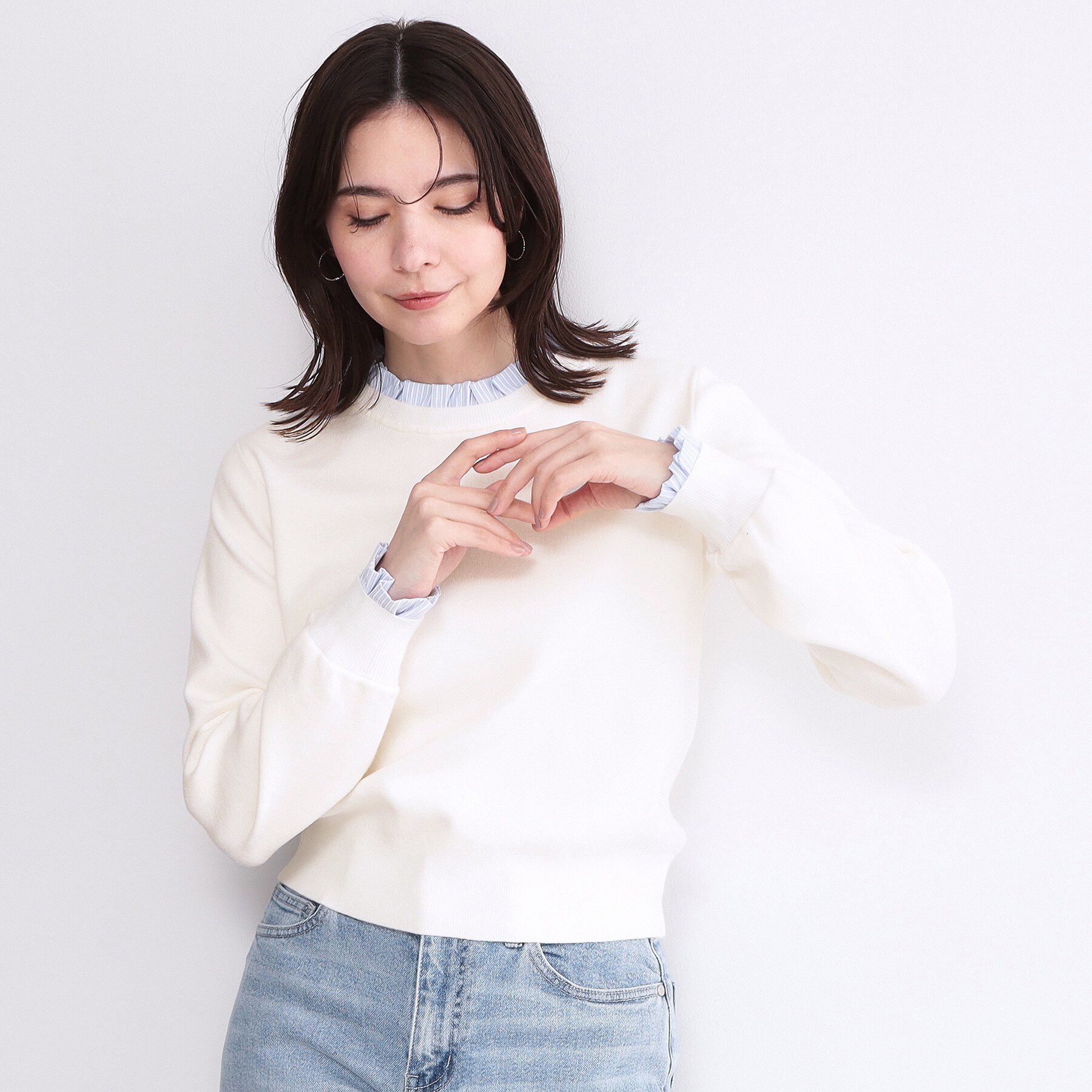 OPAQUE.CLIP「襟フリルドッキングニット【洗濯機OK】」|ニット・セーター|ホワイト(001)