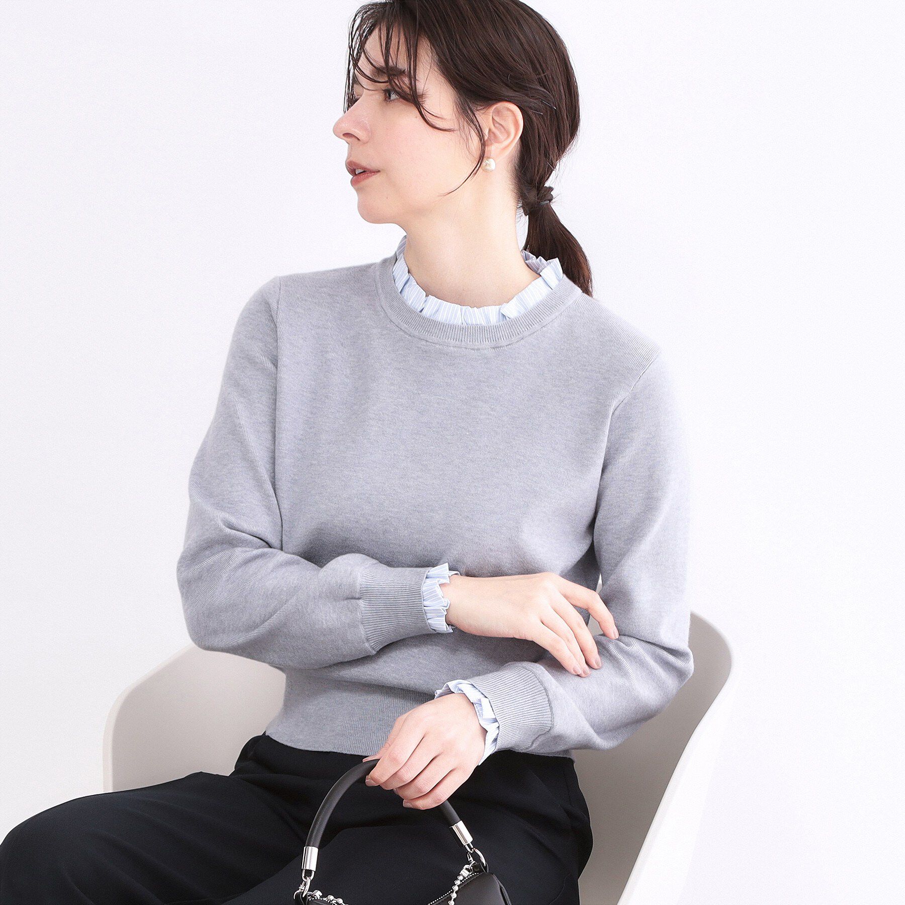 OPAQUE.CLIP「襟フリルドッキングニット【洗濯機OK】」|ニット・セーター|グレー(012)