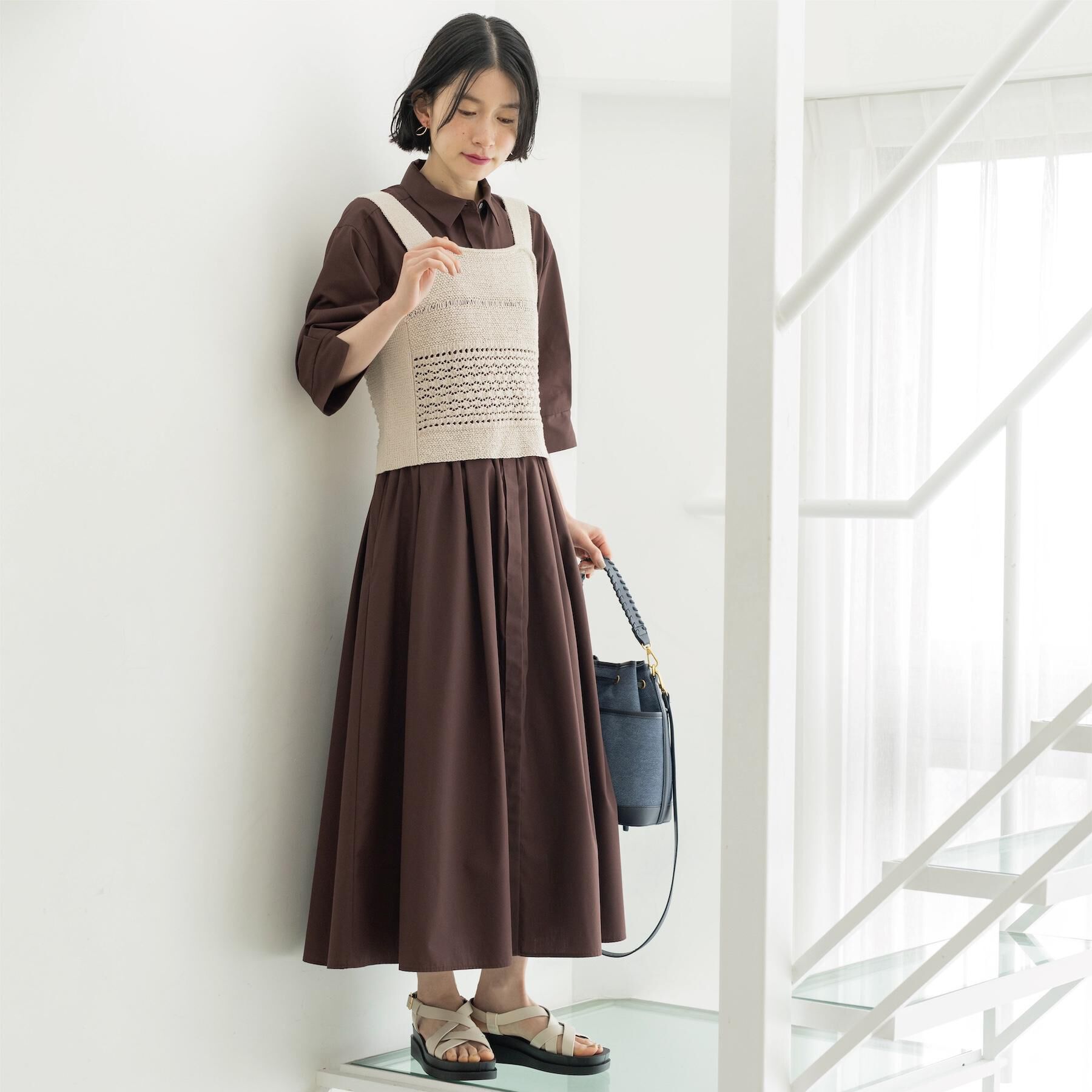 OPAQUE.CLIP「サッシュリボンベルト付きフレアシャツワンピース【洗濯機OK/防シワ加工】」|ワンピース|