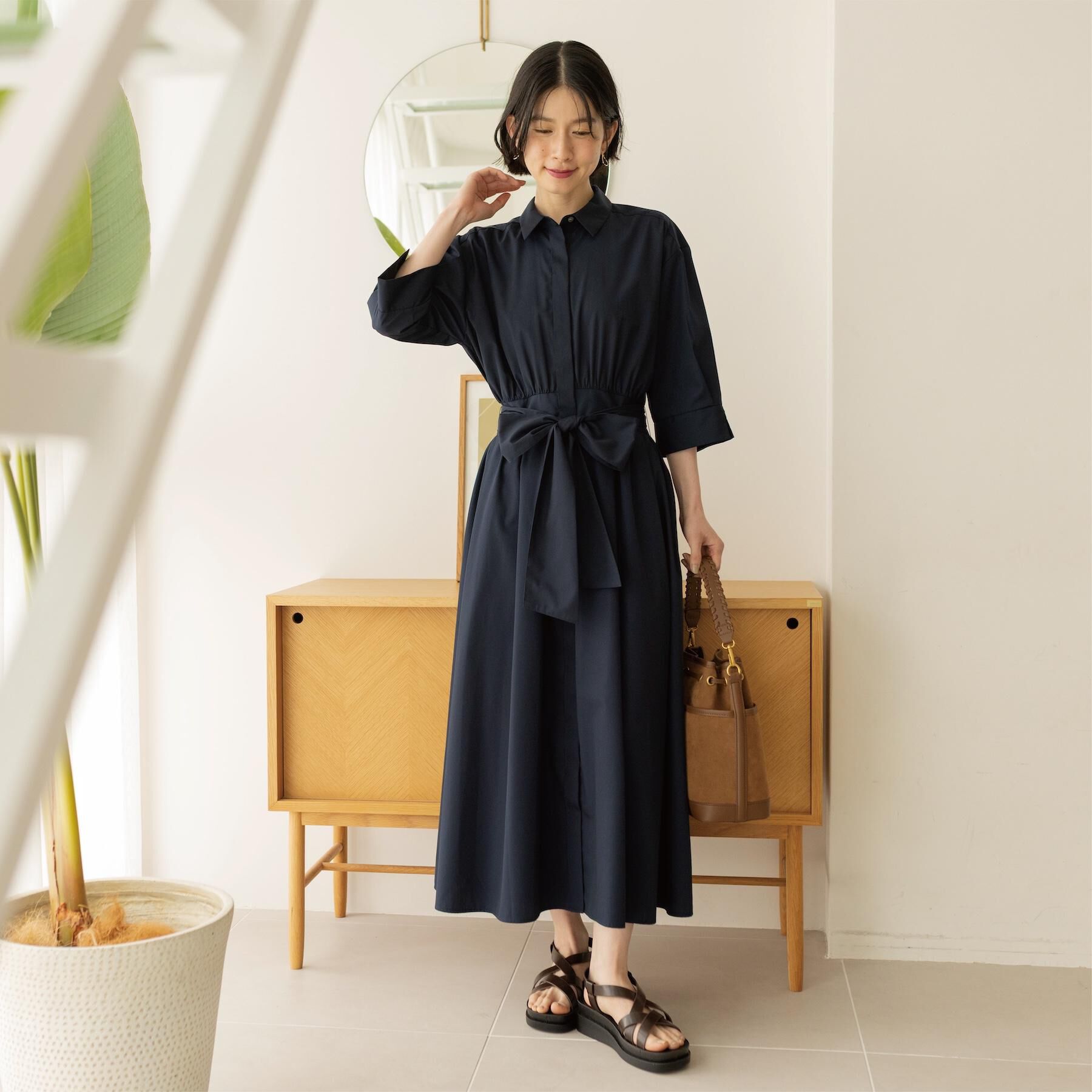 OPAQUE.CLIP「サッシュリボンベルト付きフレアシャツワンピース【洗濯機OK/防シワ加工】」|ワンピース|