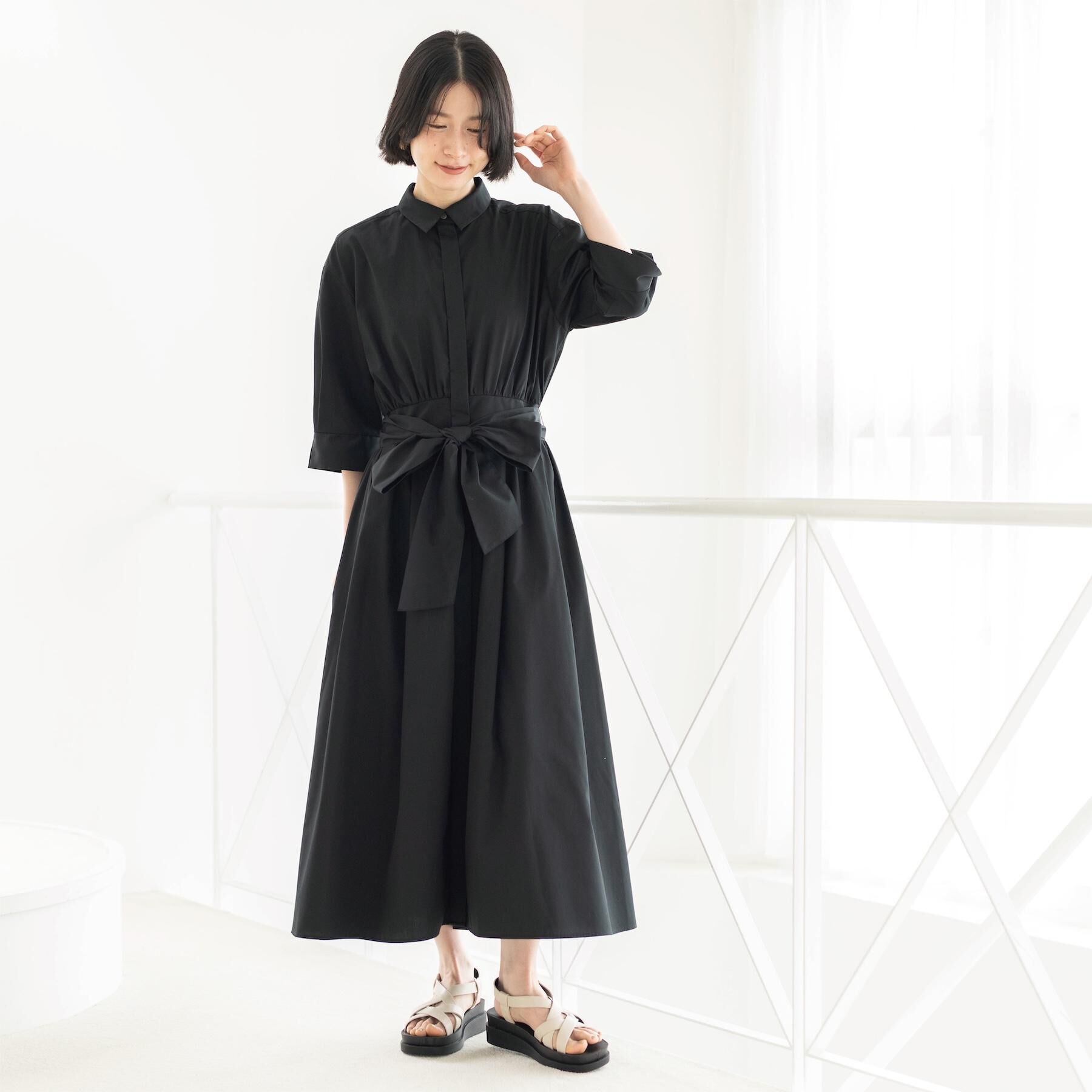 OPAQUE.CLIP「サッシュリボンベルト付きフレアシャツワンピース【洗濯機OK/防シワ加工】」|ワンピース|