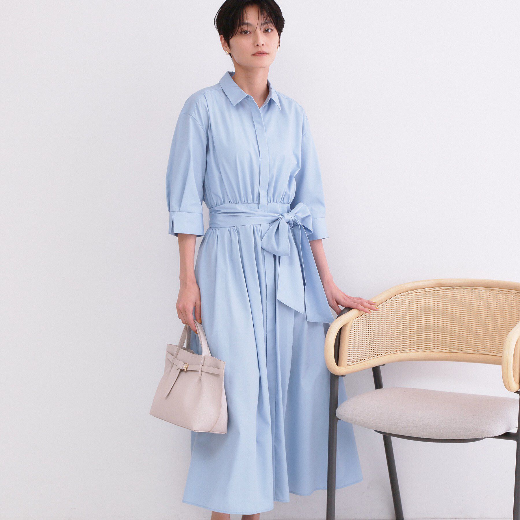 OPAQUE.CLIP「サッシュリボンベルト付きフレアシャツワンピース【洗濯機OK/防シワ加工】」|ワンピース|