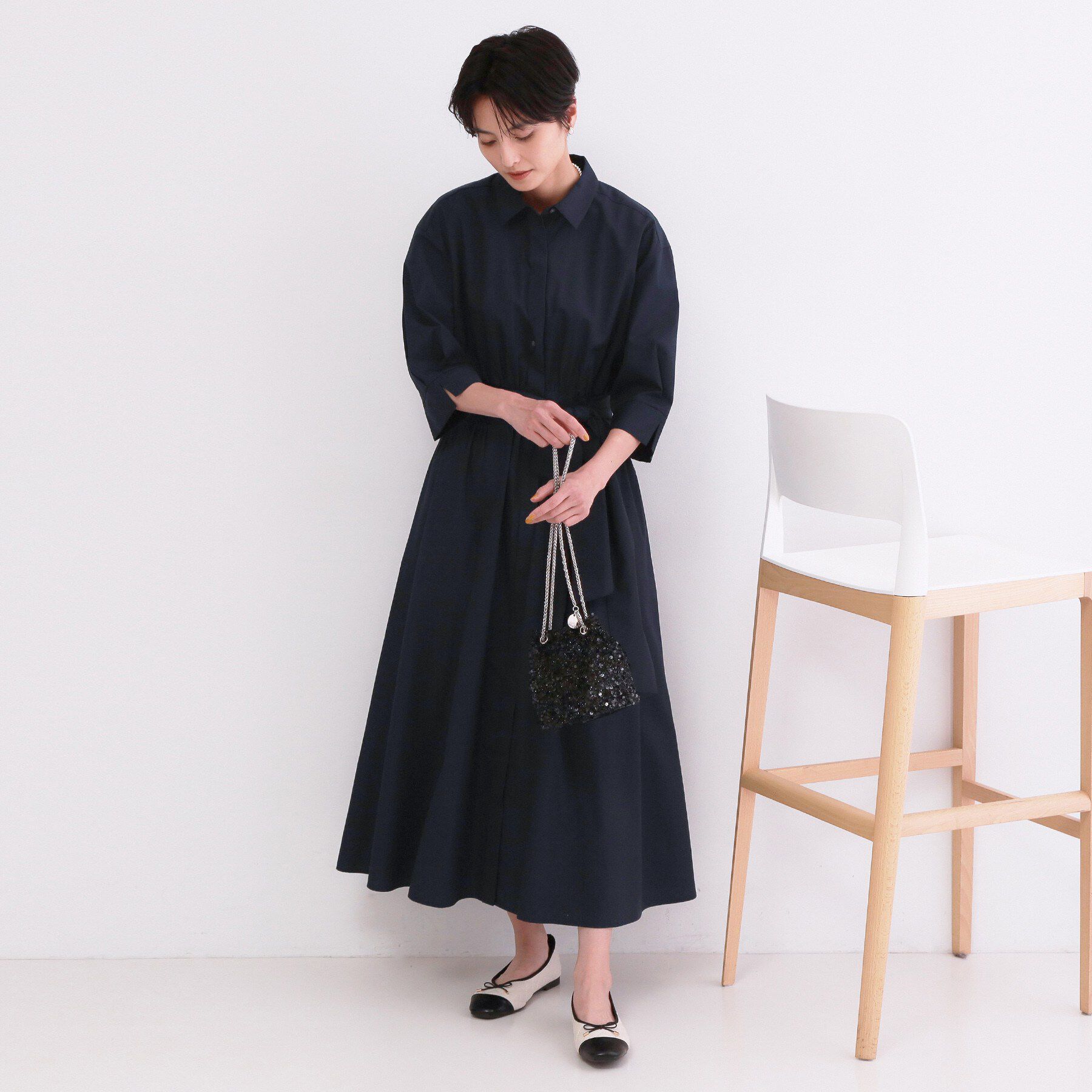 OPAQUE.CLIP「サッシュリボンベルト付きフレアシャツワンピース【洗濯機OK/防シワ加工】」|ワンピース|