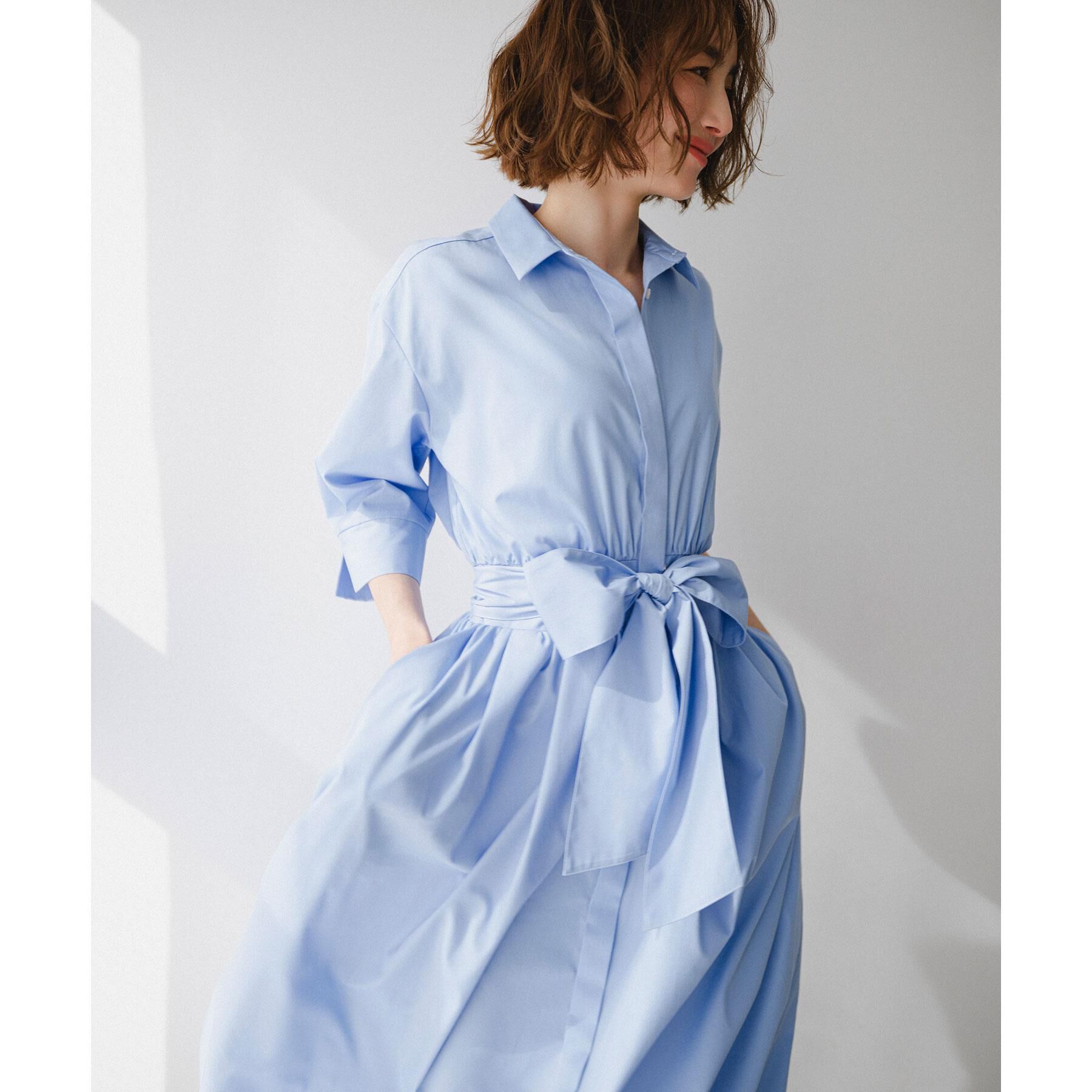 OPAQUE.CLIP「サッシュリボンベルト付きフレアシャツワンピース【洗濯機OK/防シワ加工】」|ワンピース|ブルー(091)