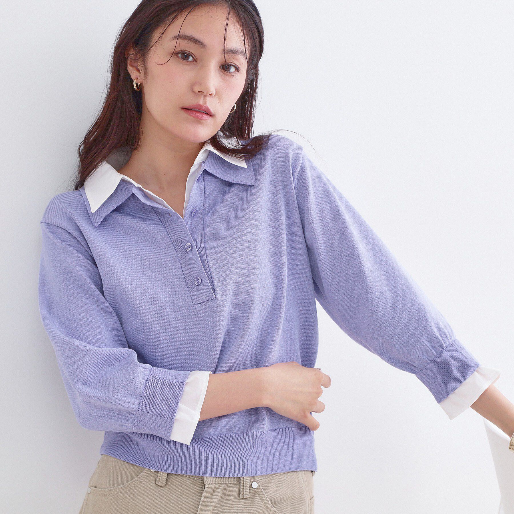 OPAQUE.CLIP「シャツレイヤード風ポロニット【洗濯機OK】」|ニット・セーター|ラベンダー(080)