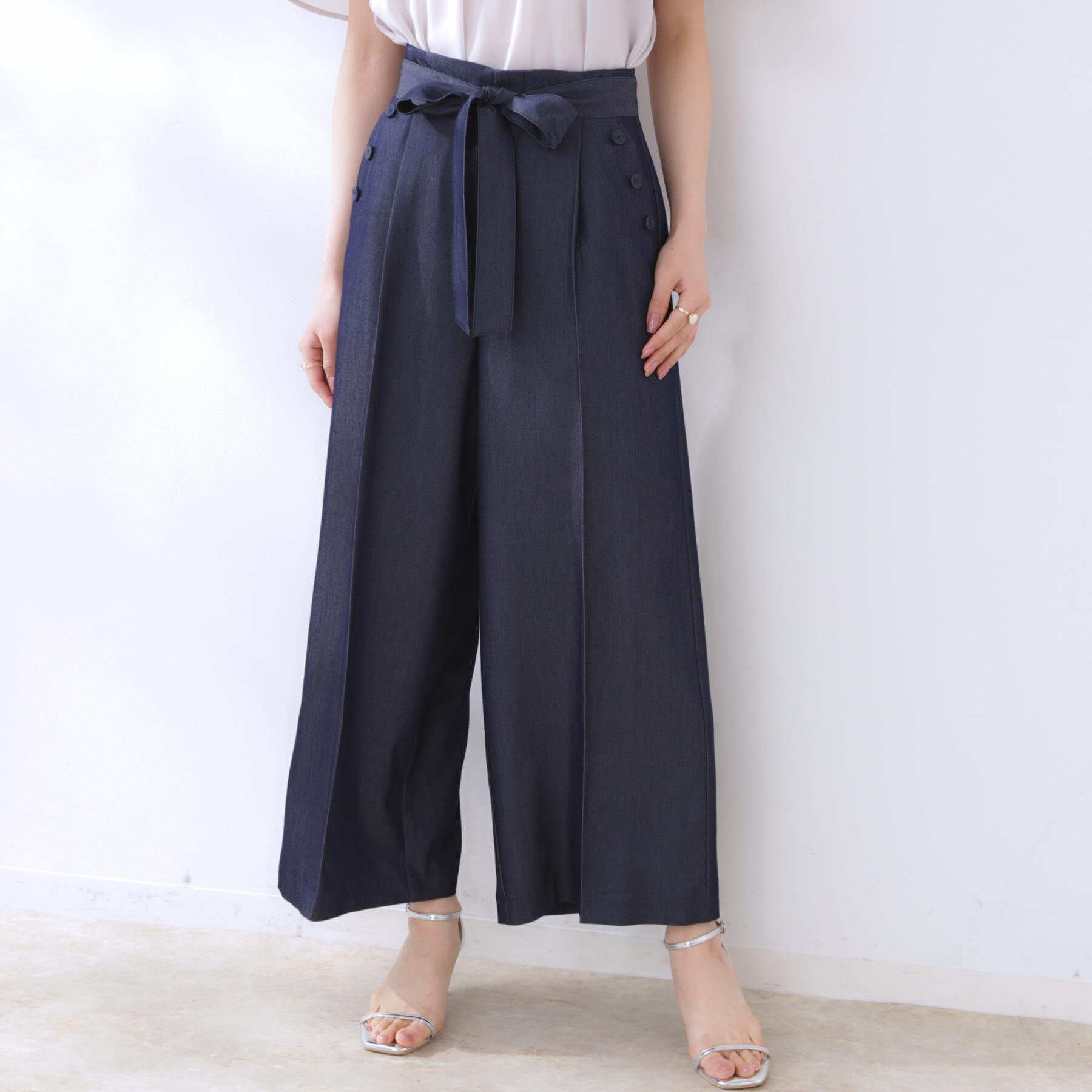 Couture broach「【リボン付き・通勤】シャンブレーワイドパンツ」|その他|ネイビー(094)