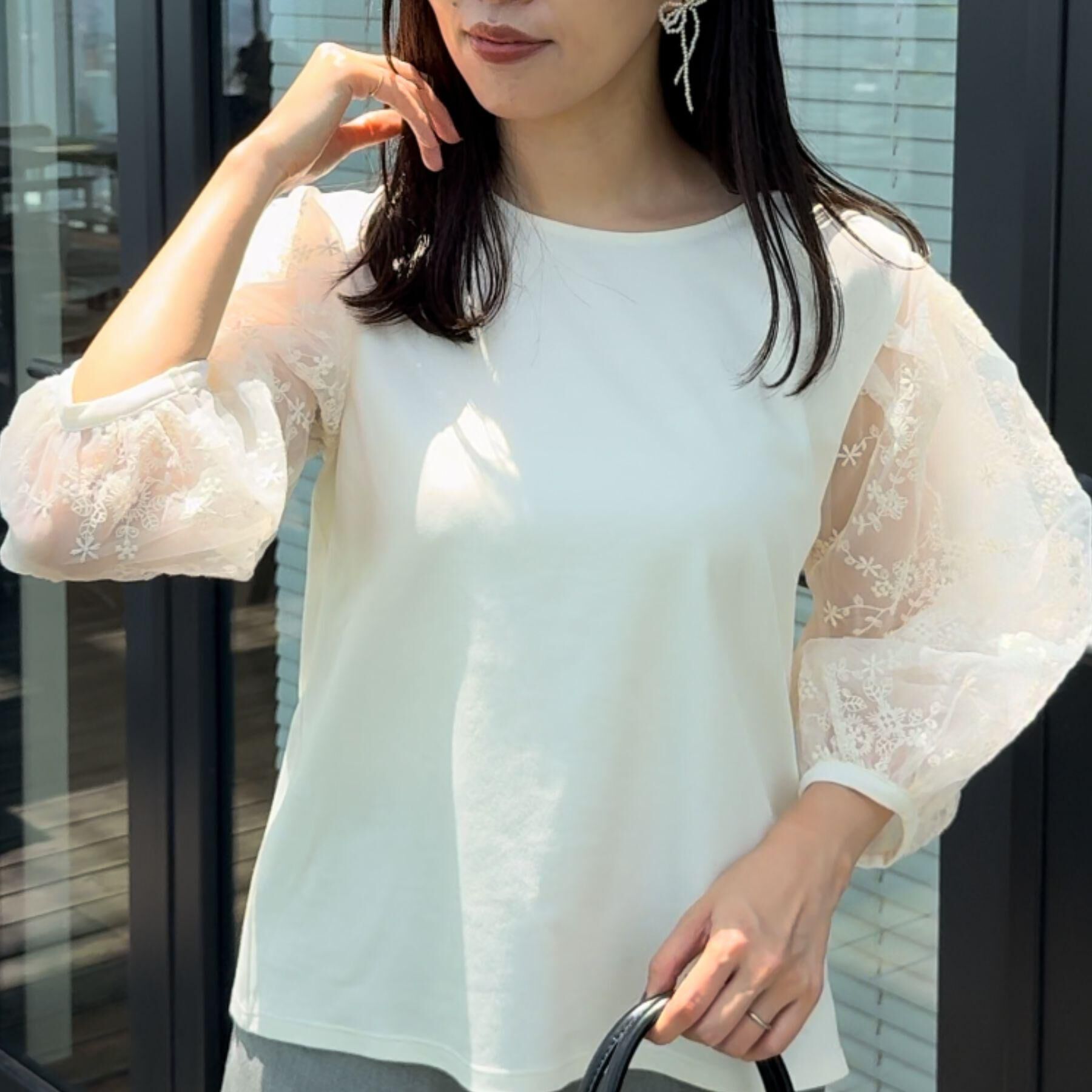 Couture broach「【接触冷感・UVカット・マシンウォッシャブル】袖レースドッキングカットソー」|Tシャツ・カットソー|