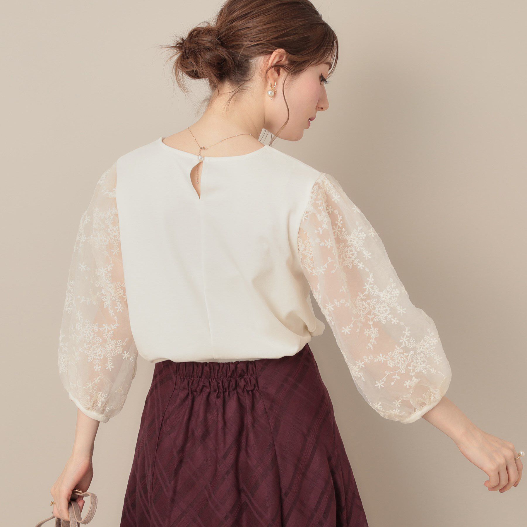 Couture broach「【接触冷感・UVカット・マシンウォッシャブル】袖レースドッキングカットソー」|Tシャツ・カットソー|