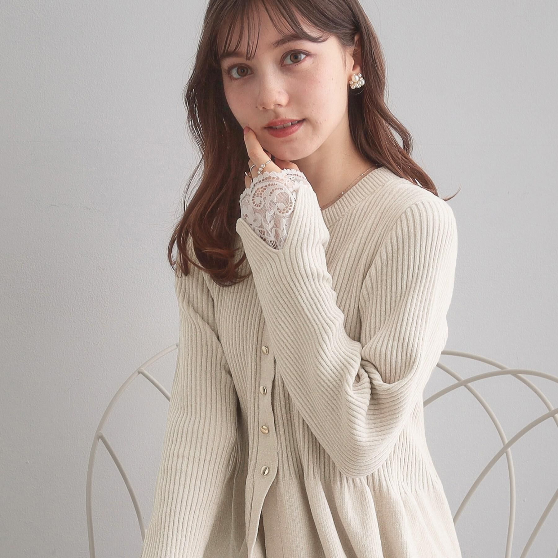 Couture broach「【袖口レース・着映え】短毛モールペプラム カーデ」|カーディガン|アイボリー(004)