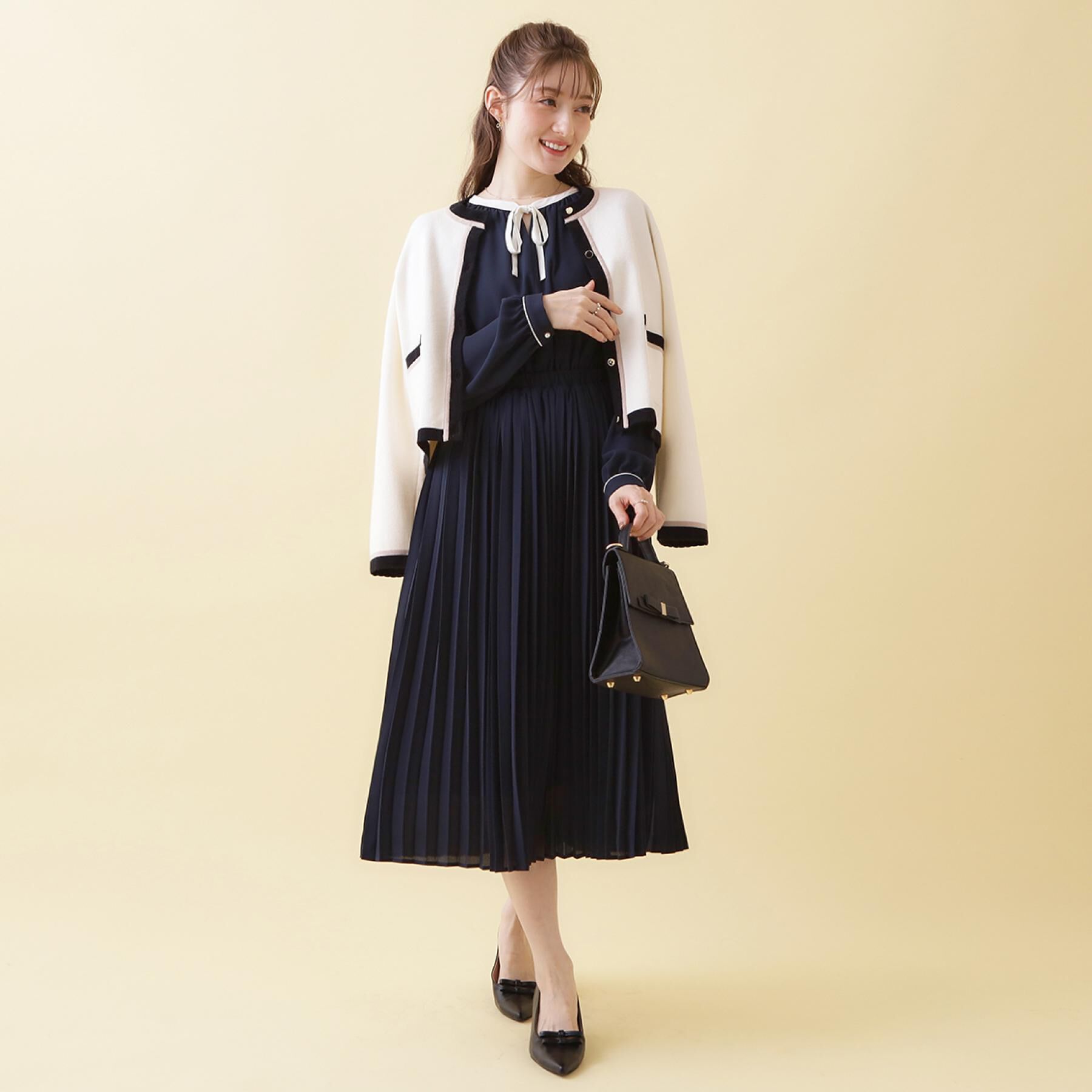 Couture broach「【ハレの日・通勤】配色シフォンプリーツ ワンピース」|ワンピース|