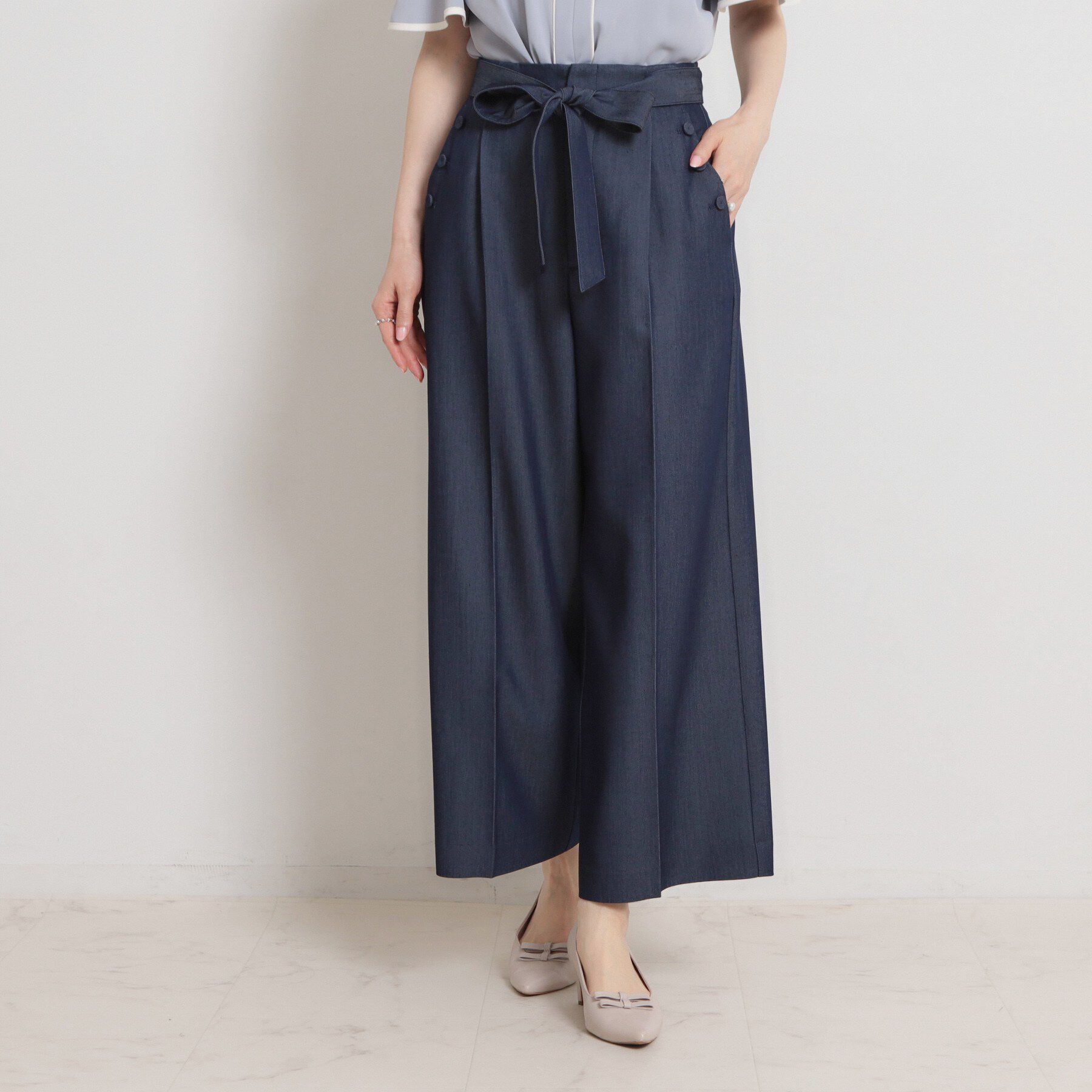 Couture broach「【洗える・S-LL】マリン風アソート釦 シャンブレーワイドパンツ」|その他|ネイビー(094)