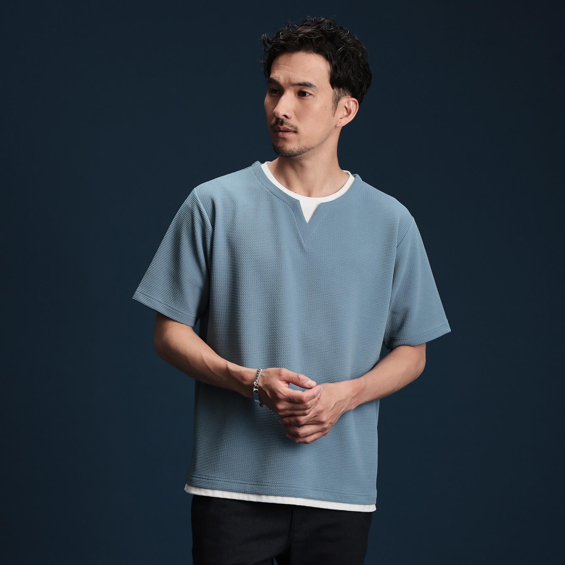 THE SHOP TK「ミニフクレキーネック半袖Tシャツ」|Tシャツ・カットソー|ブルー(092)