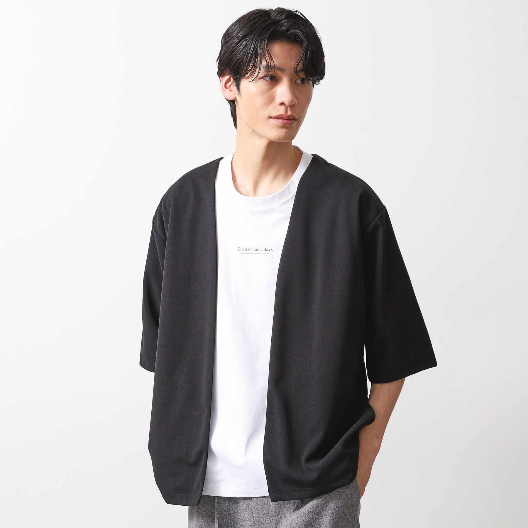 THE SHOP TK「梨地アンサンブルカーディガン　五分袖カーディガン＋半袖Tシャツセット/マシンウォッシャブル」|カーディガン|ブラック(019)