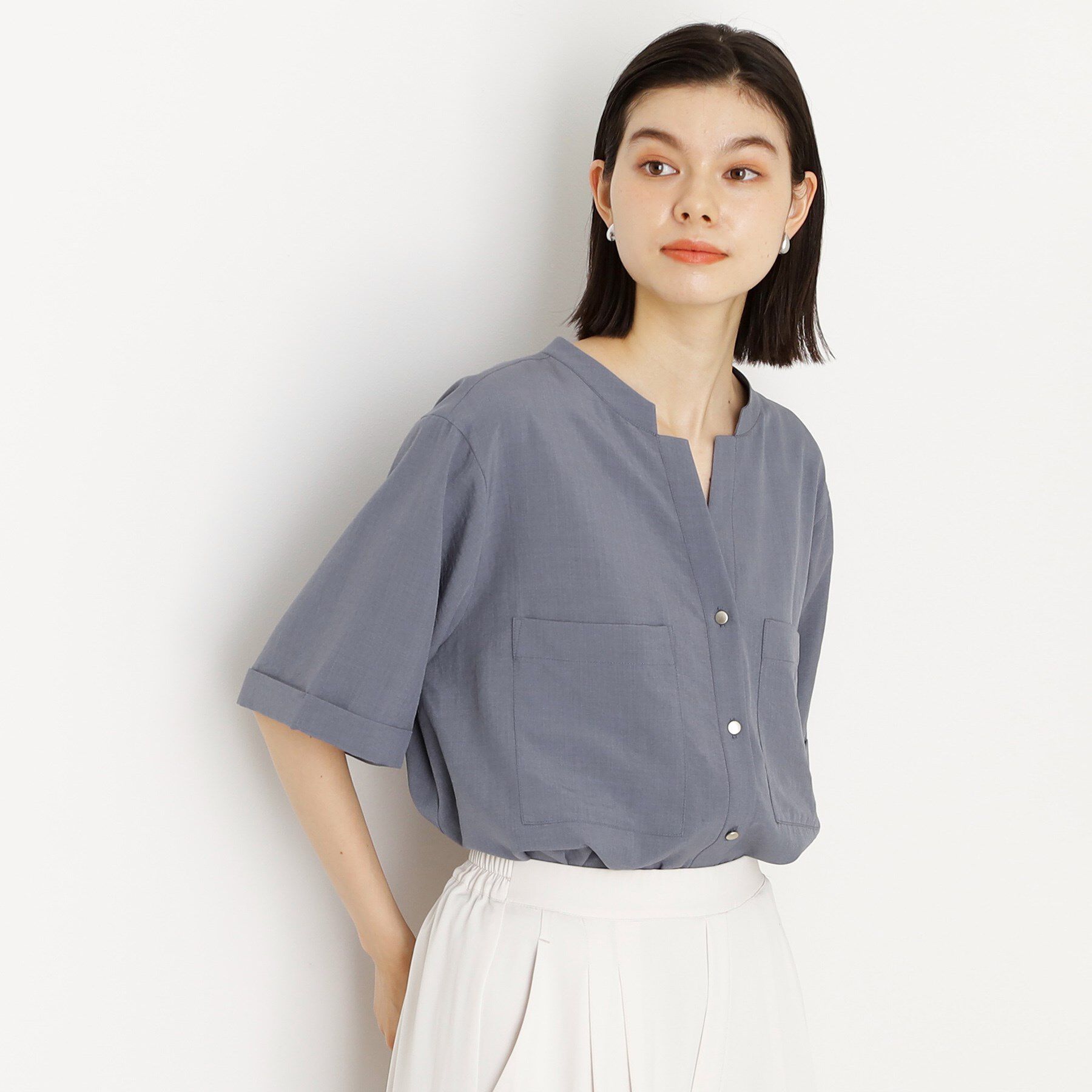 THE SHOP TK「ダブルポケット5分袖シャツ/体型カバー／洗濯機OK」|シャツ・ブラウス|ブルー(092)