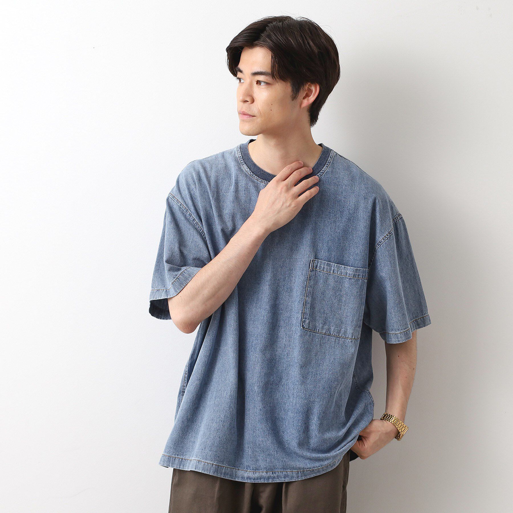 THE SHOP TK「ライトデニム半袖Tシャツ【洗濯機OK】」|Tシャツ・カットソー|ブルー(092)