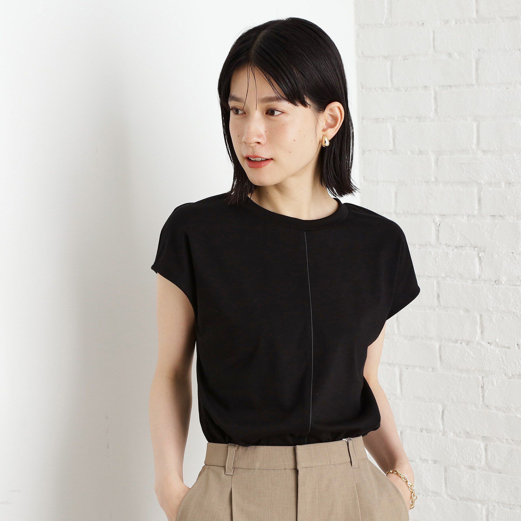 THE SHOP TK「合皮パイピングフレンチTシャツ【洗える】」|Tシャツ・カットソー|ブラック(019)