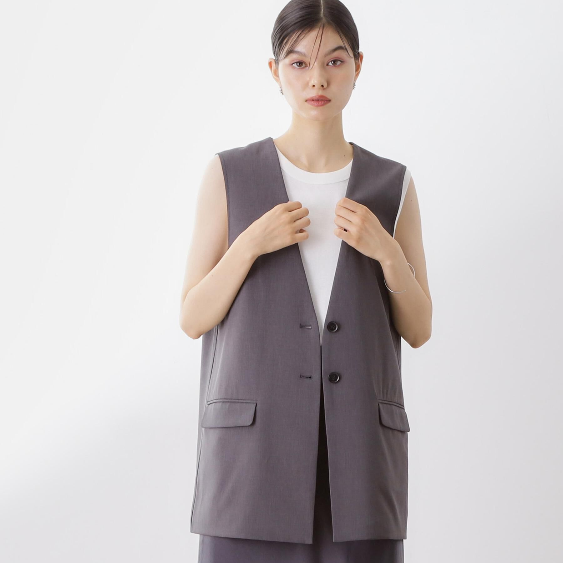 THE SHOP TK「ノーカラージレ【セットアップ可/洗濯機OK】」|ベスト・ジレ|チャコールグレー(0