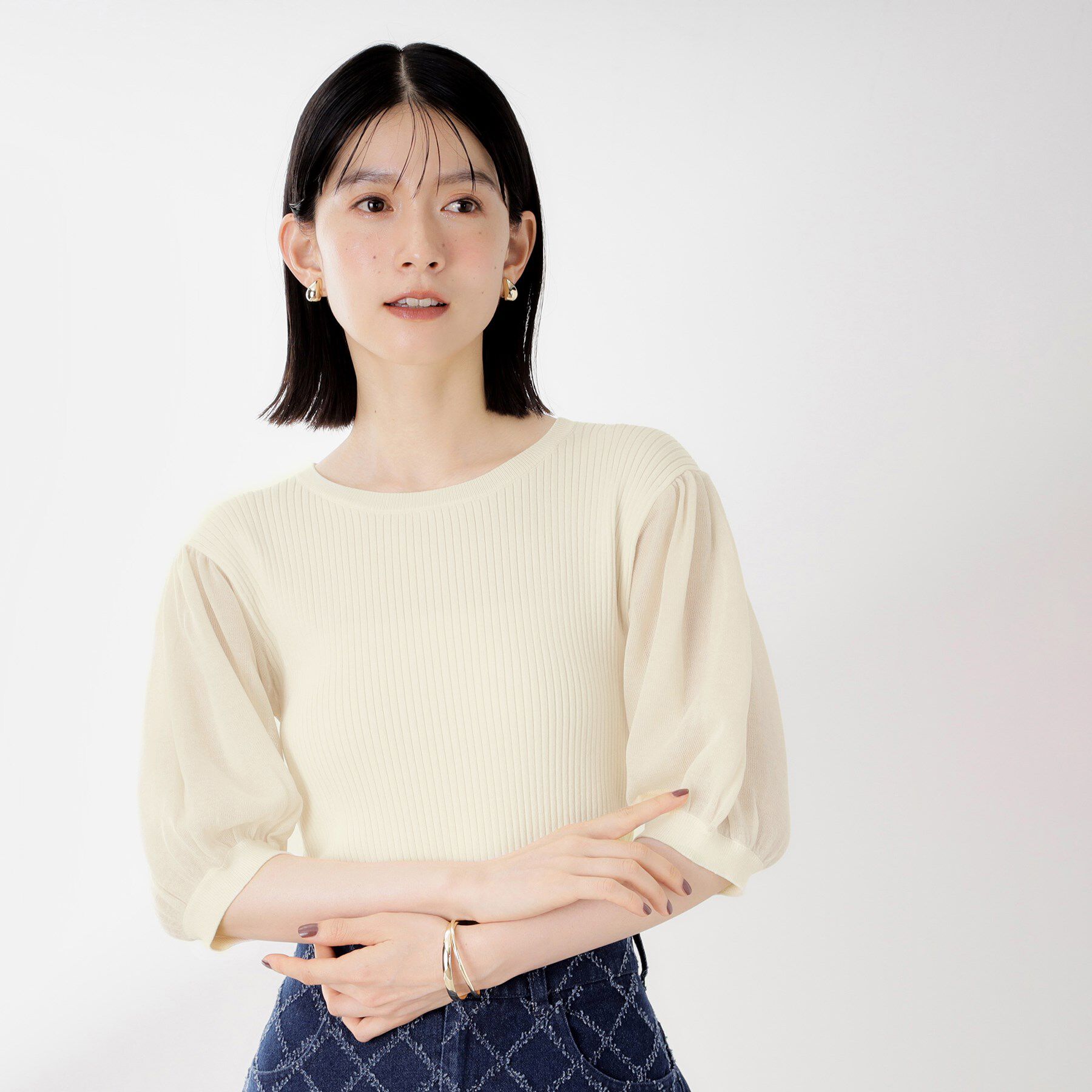 THE SHOP TK「シアーパフ袖ニット【洗濯機OK】」|ニット・セーター|アイボリー(004)