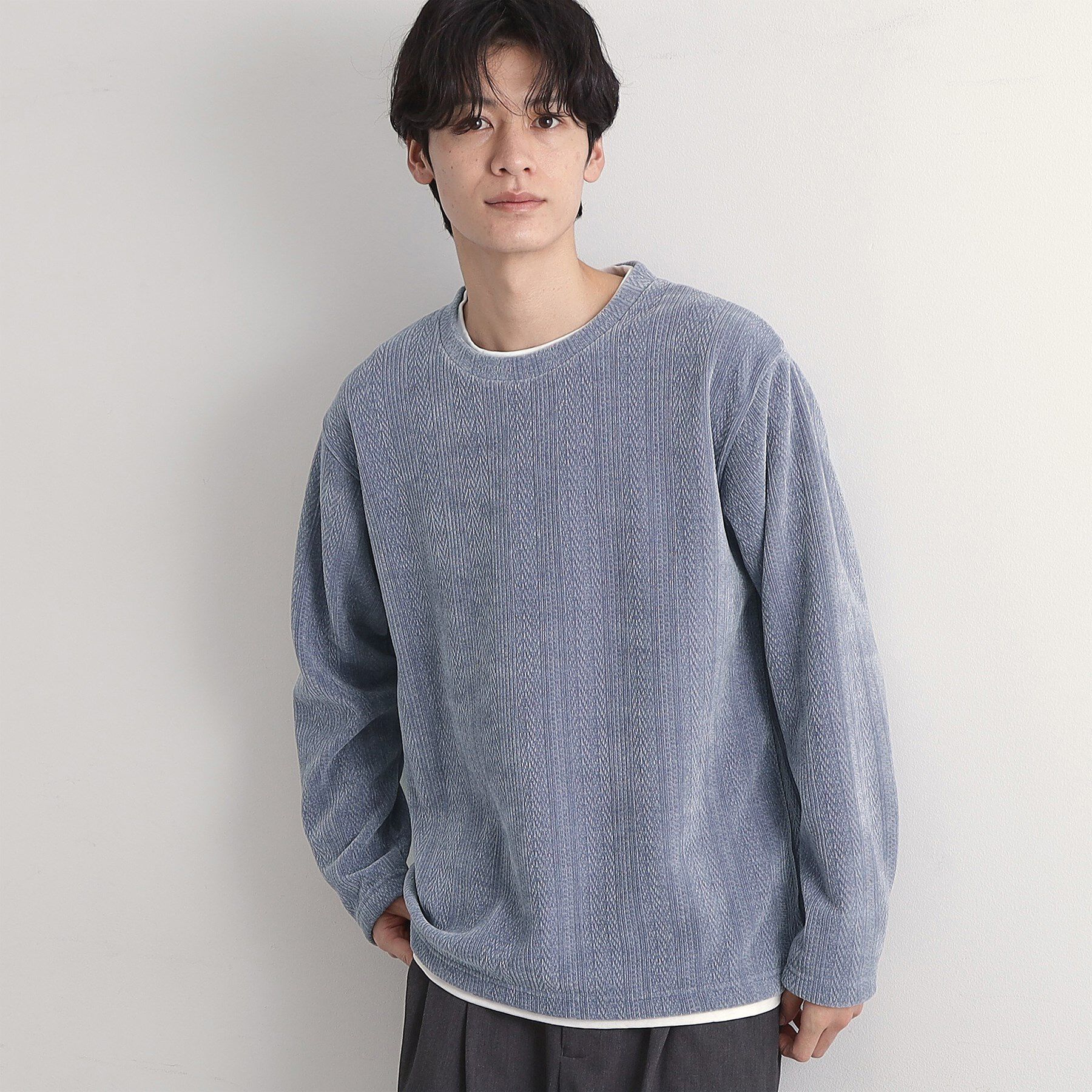 THE SHOP TK「【心地良い、滑らかさ】レイヤード風ケーブル ニットソー 【洗濯機OK】」|Tシャツ・カットソー|ブルー(093)