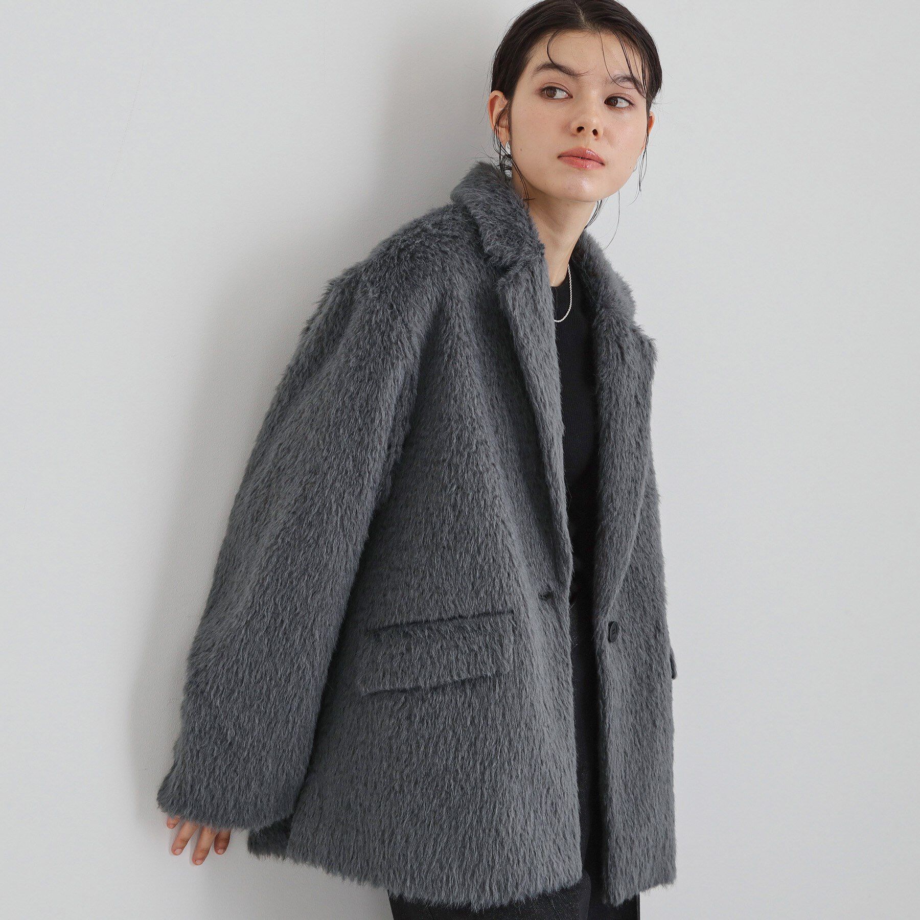 THE SHOP TK「纏うだけで大人上品 シャギーチェスターハーフコート」|チェスターコート|チャコールグレー(0