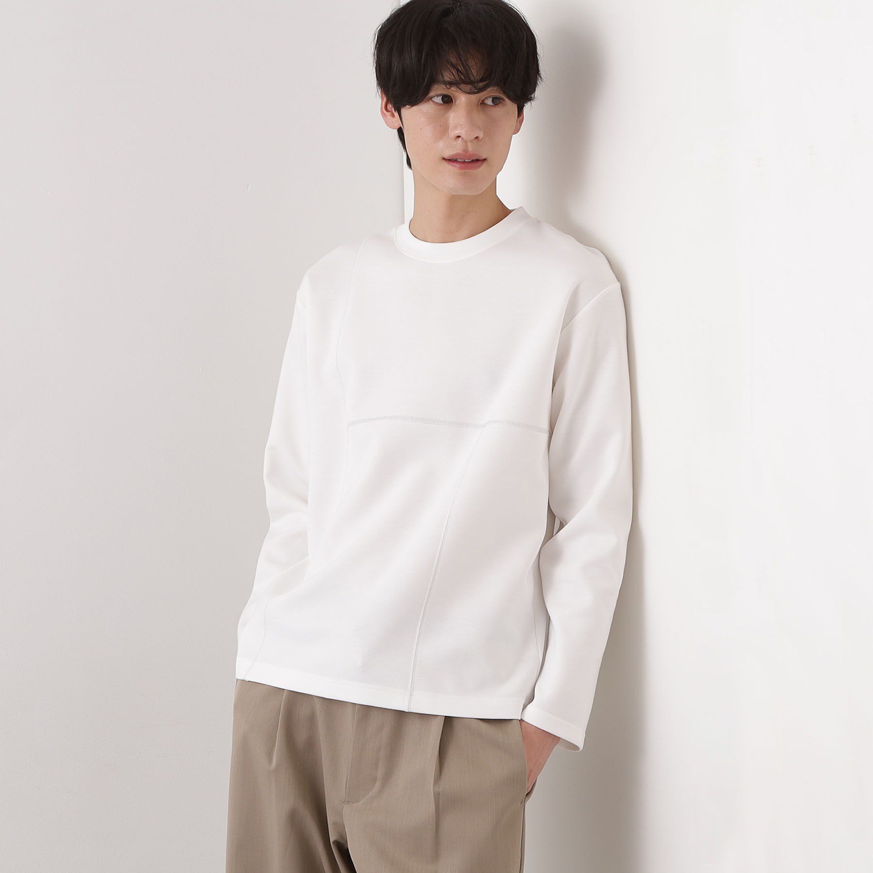 THE SHOP TK「ダンボール ステッチ切替デザイン 長袖Tシャツ 洗濯機OK」|Tシャツ・カットソー|オフホワイト(003