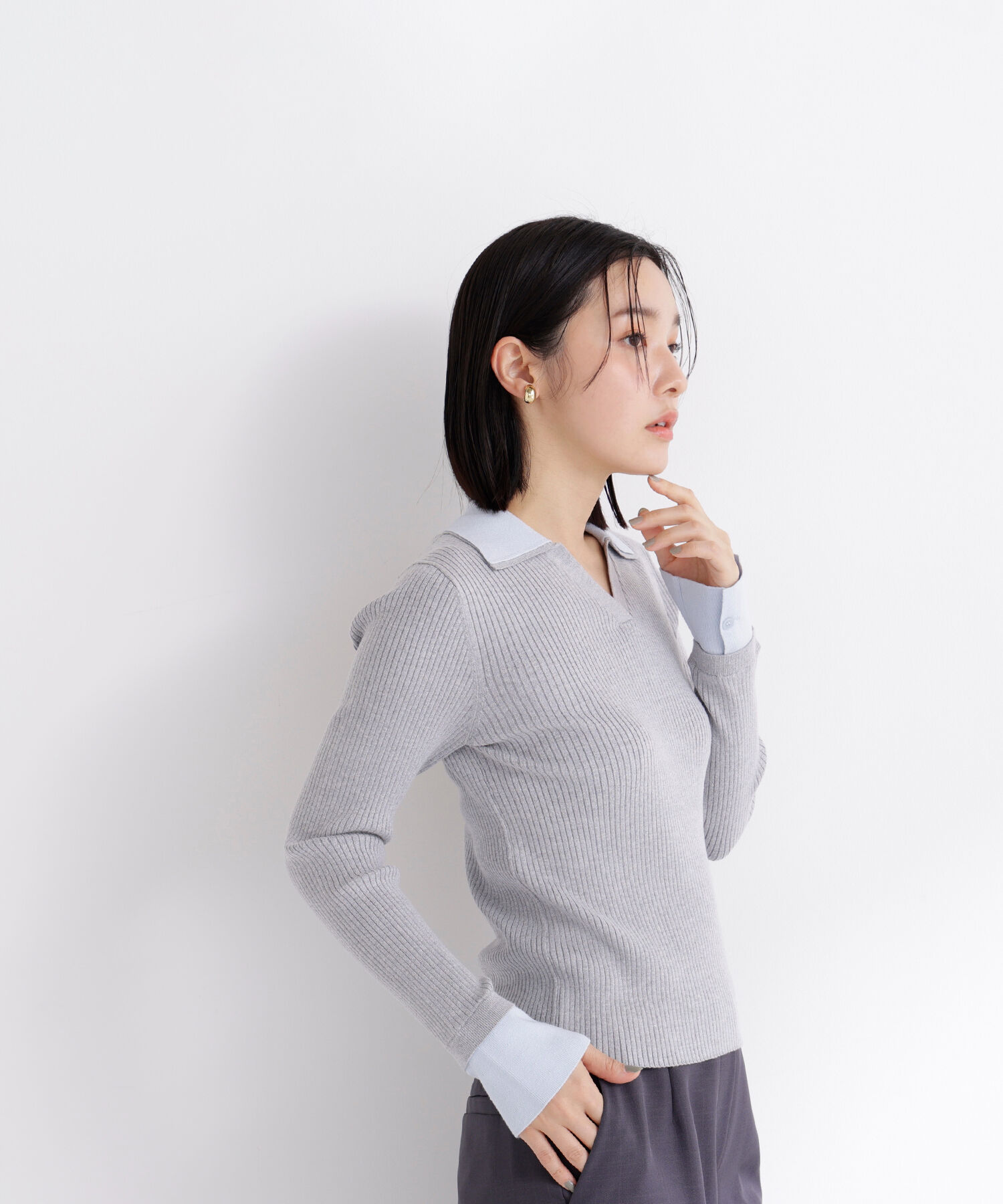  「ダブルカラーVネックリブニット」|ニット・セーター|