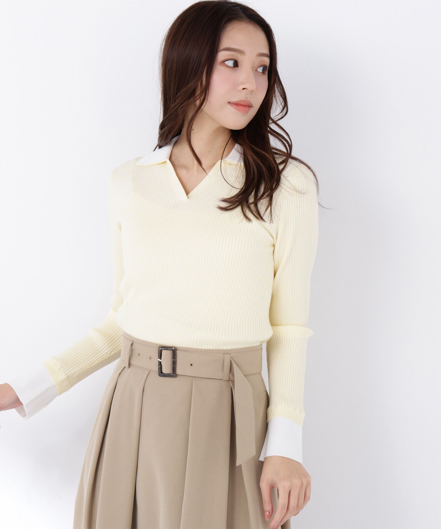  「ダブルカラーVネックリブニット」|ニット・セーター|