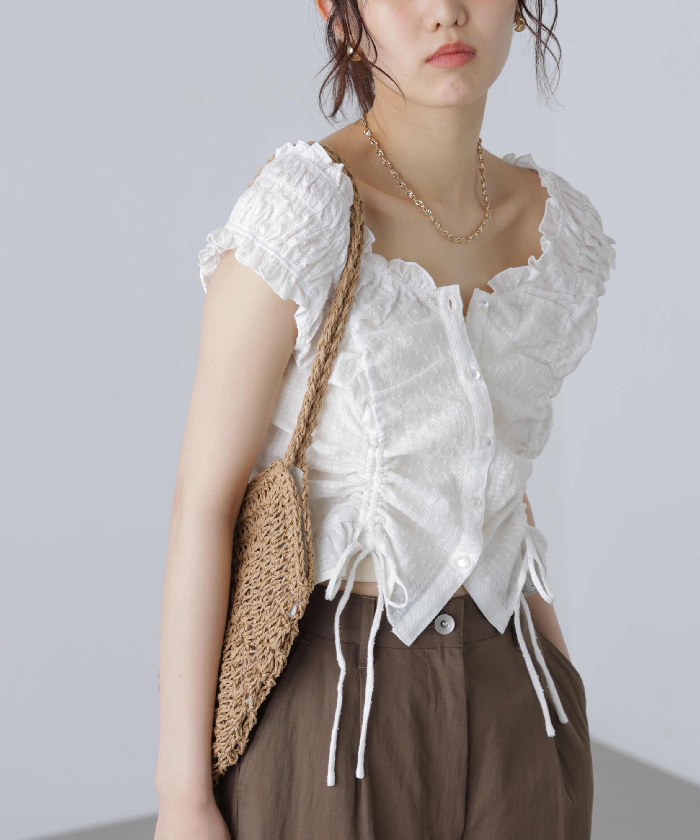  「ドロストリボンフレンチブラウス」|シャツ・ブラウス|