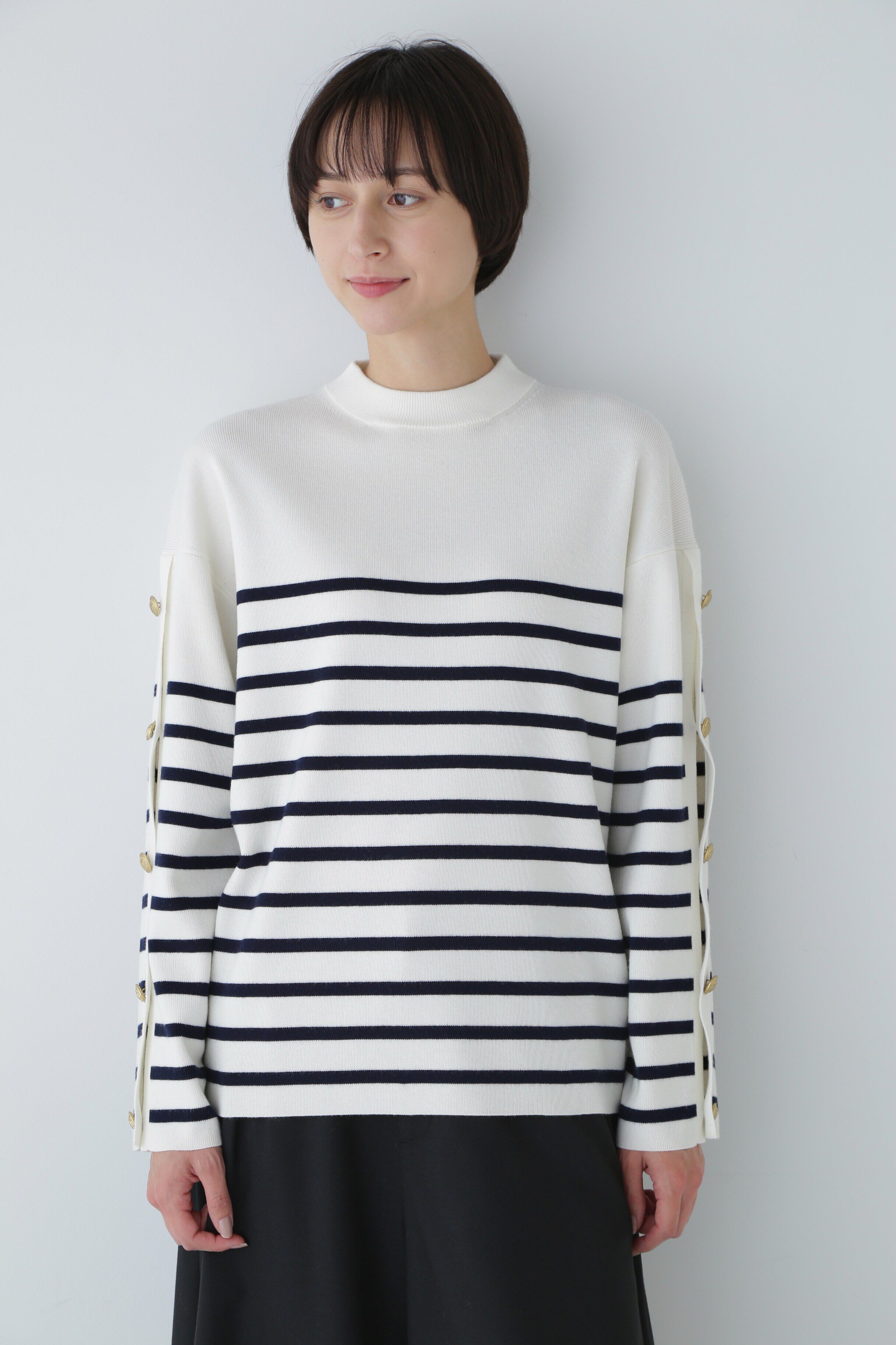  「◆袖ボタン付きボーダーニット」|ニット・セーター|