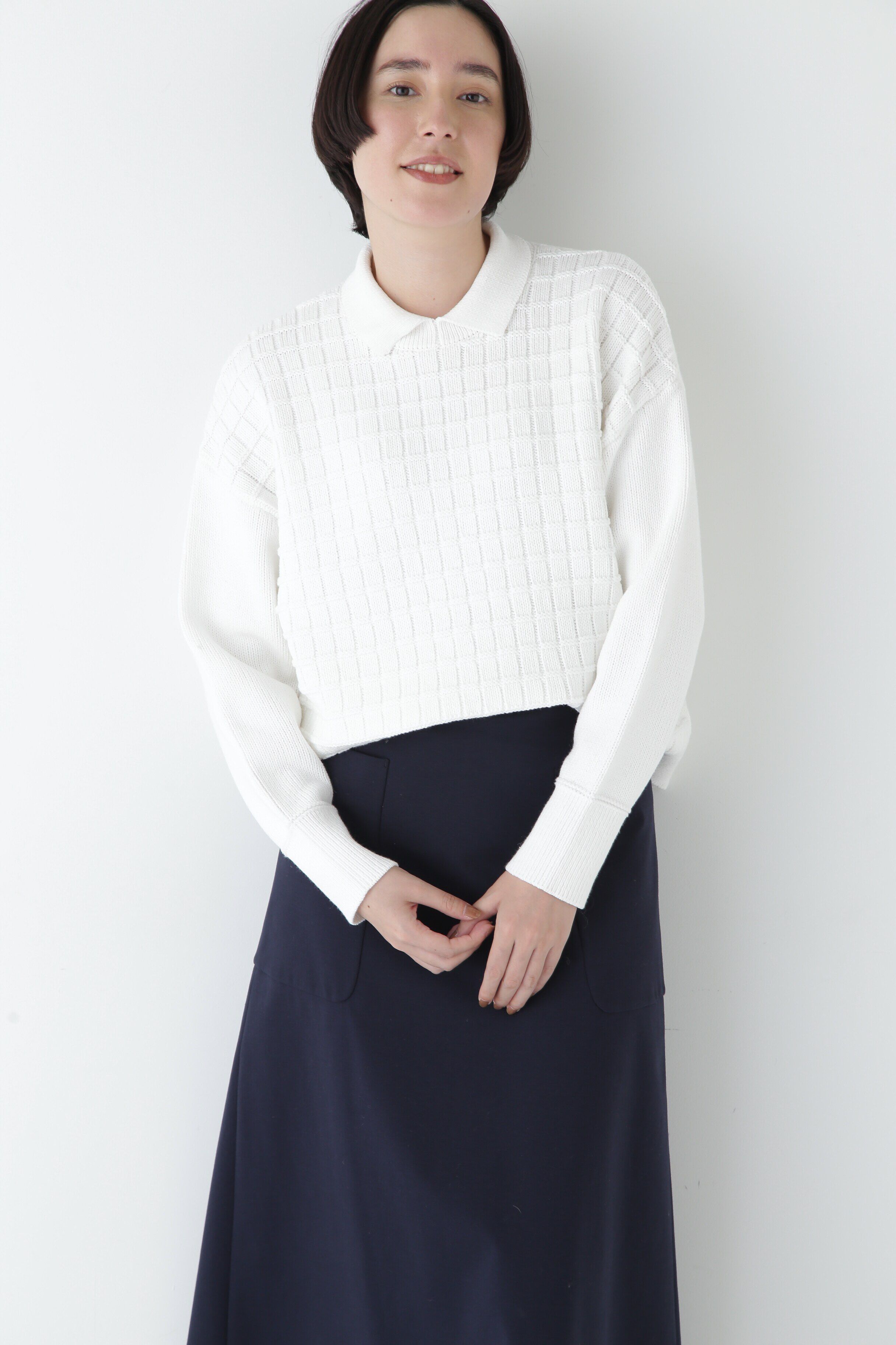  「◆【ウォッシャブル】バルキーコットン混リンクス柄ポロプルオーバー」|ニット・セーター|ホワイト