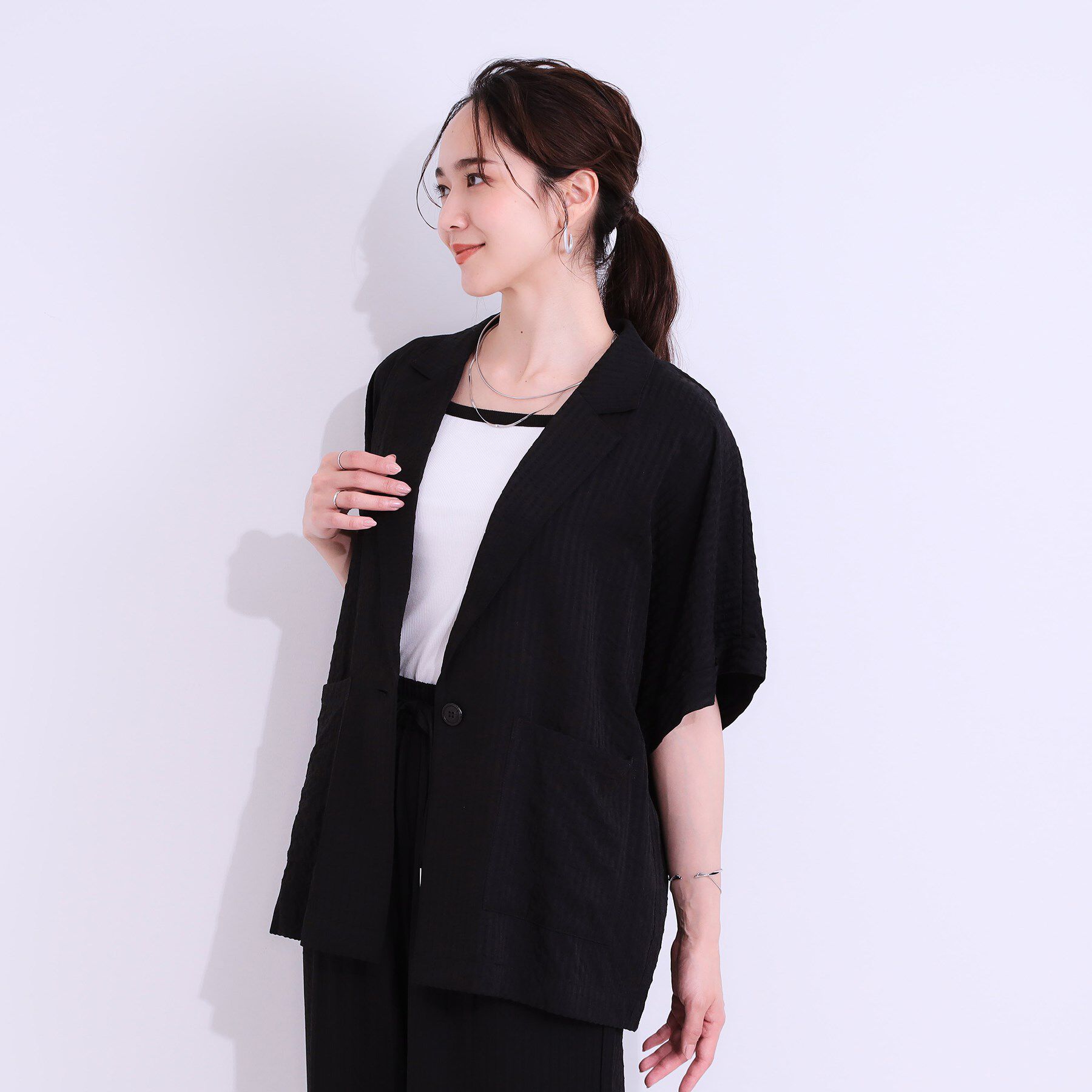 SHOO･LA･RUE「【セットアップ可能/ひんやり/吸水速乾】サッカーストライプ テーラードカラーシャツジャケット」|テーラードジャケット|