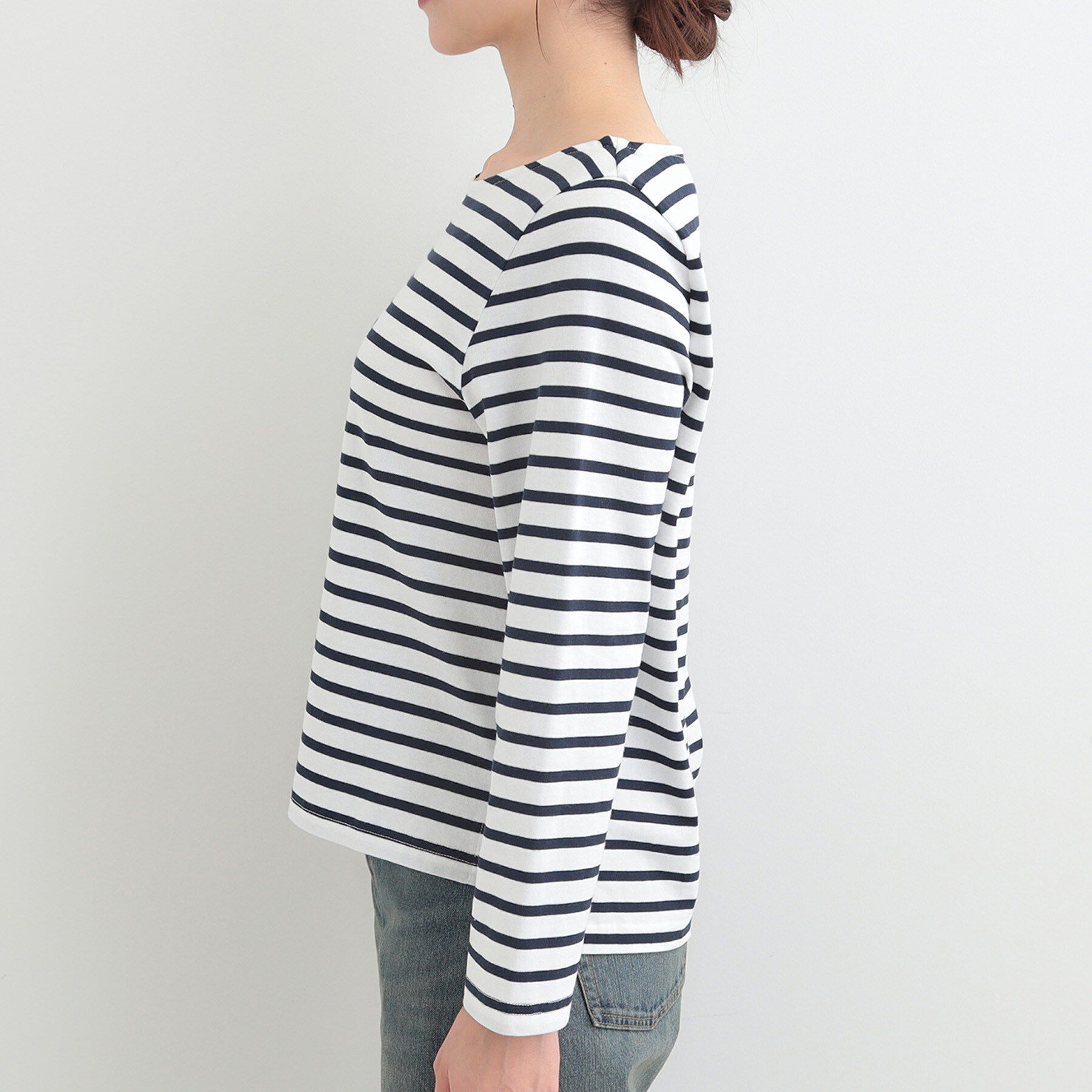 SHOO･LA･RUE「【S-LL/洗濯機可】着こなしいろいろ 首元すっきりボートネック ボーダーロンT」|Tシャツ・カットソー|