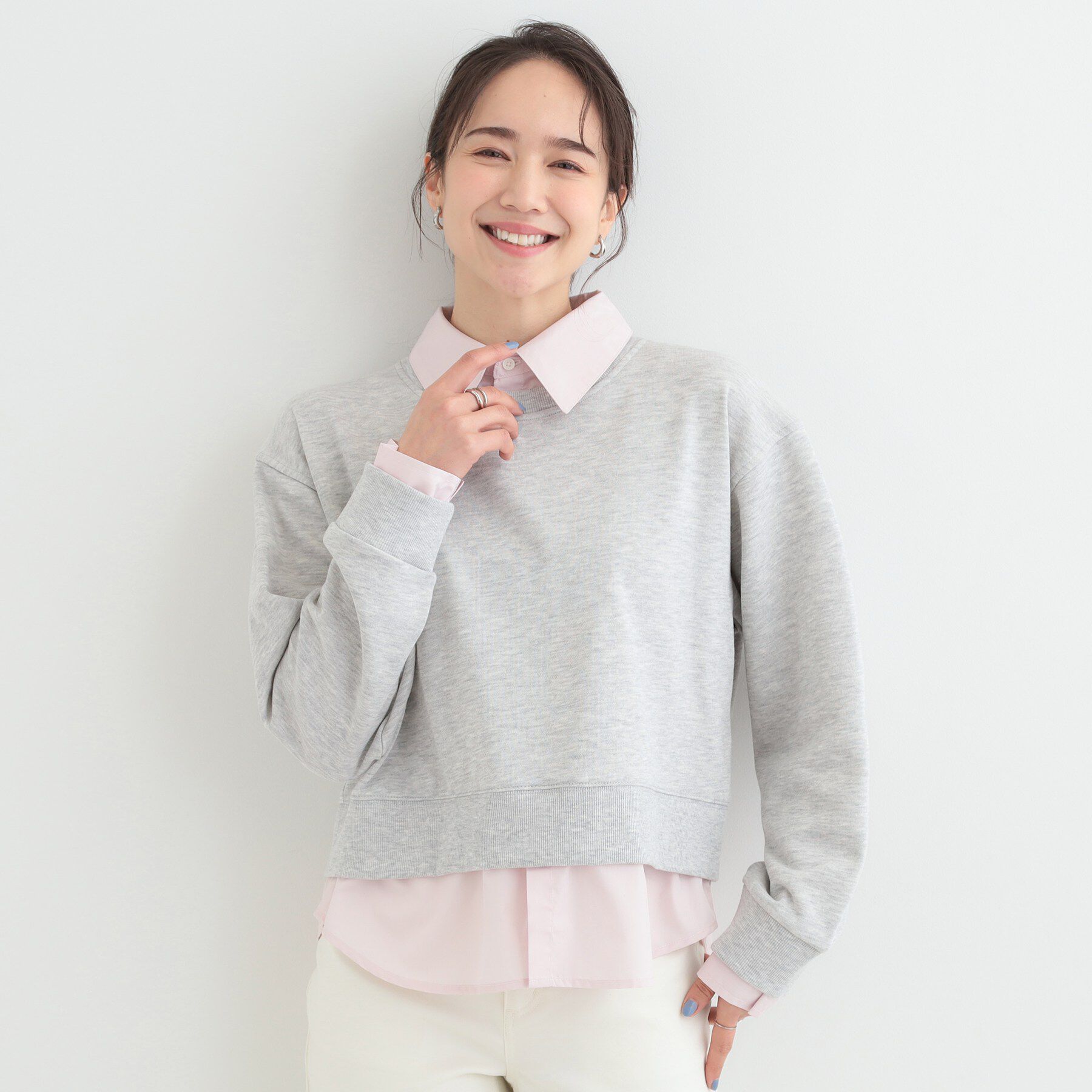 SHOO･LA･RUE「【洗濯機可】1枚でサマ見え シャツレイヤード風 スウェット」|パーカー|