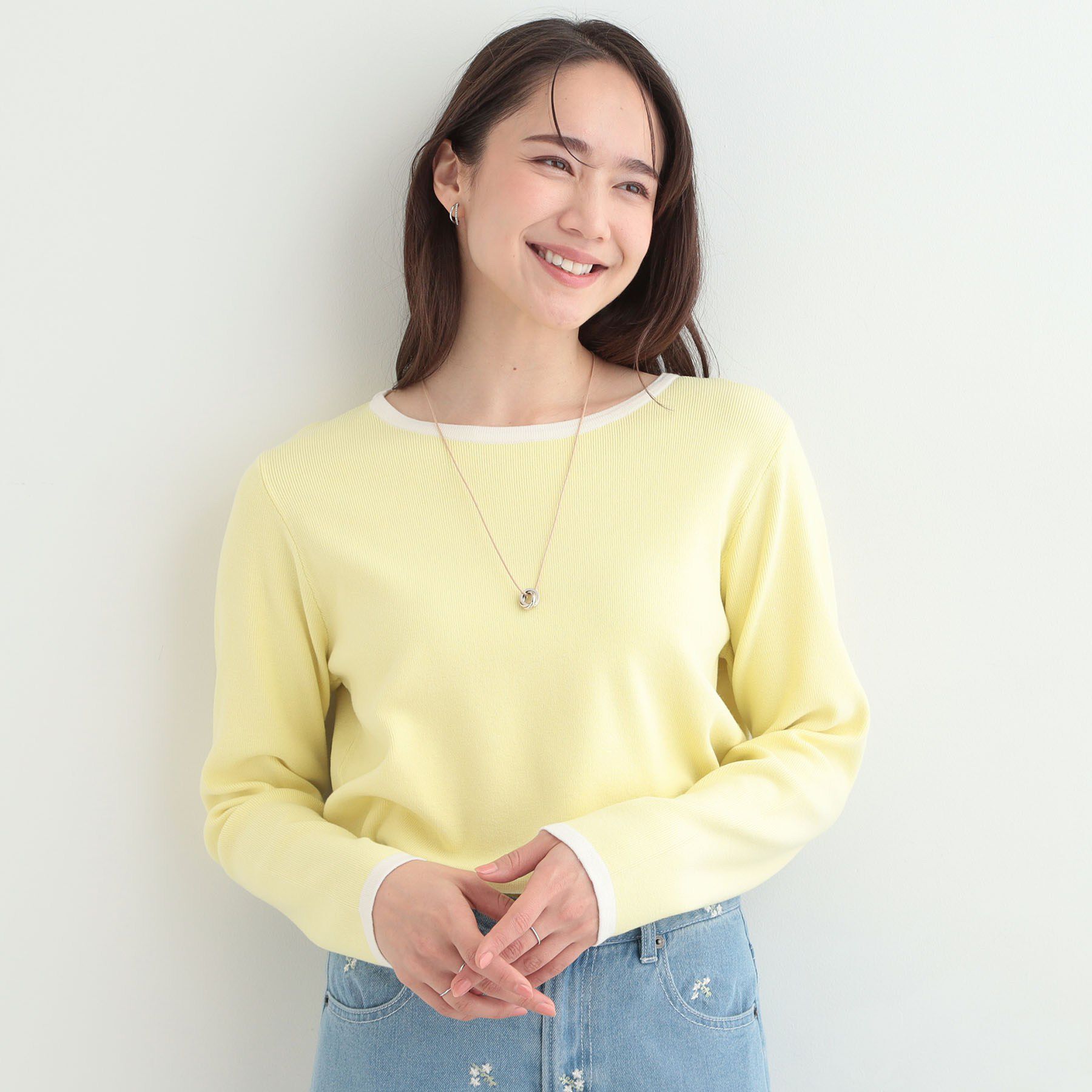 SHOO･LA･RUE「【洗濯機可/S-LL/アンサンブル可】すっきりと好印象 配色クルーネックニット」|ニット・セーター|