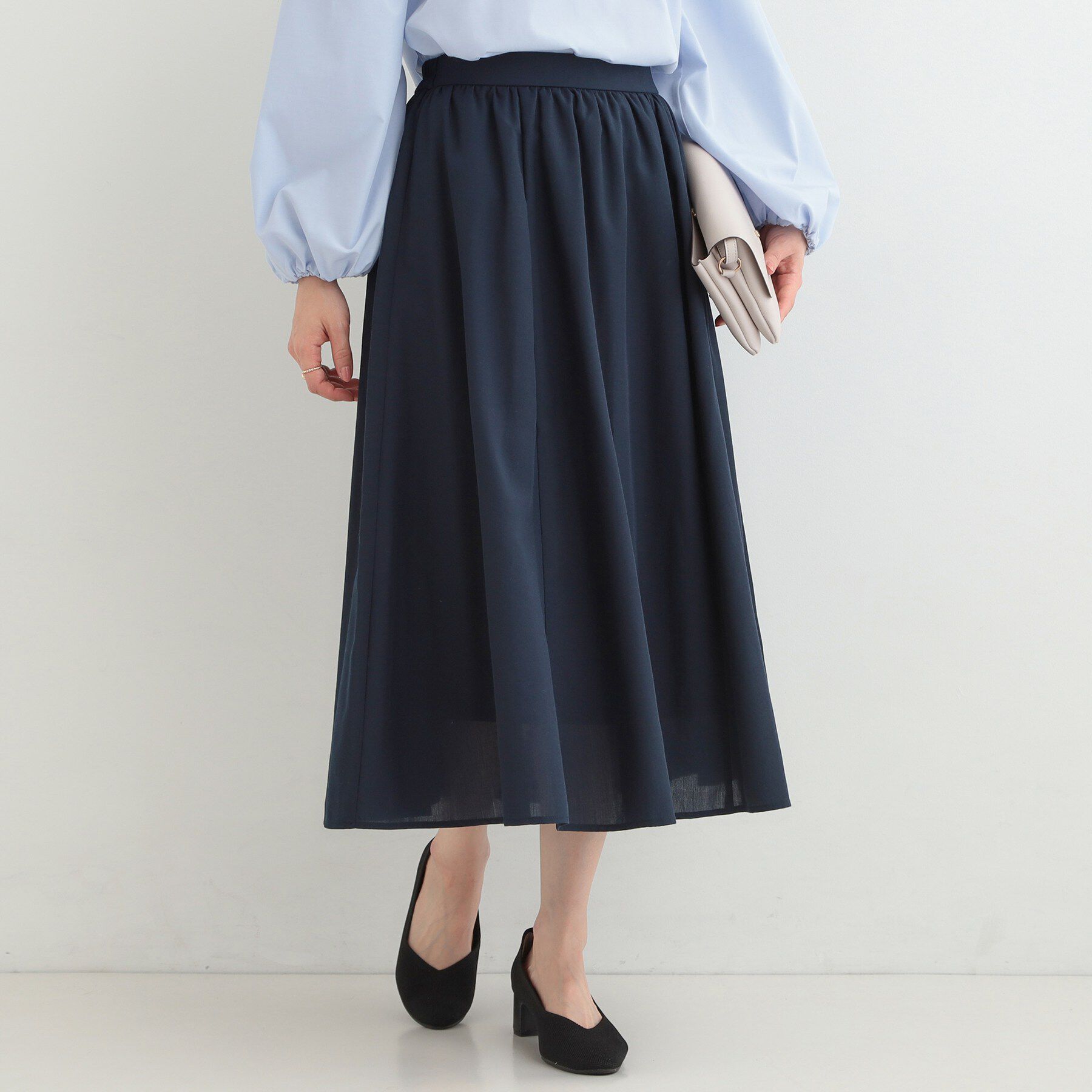 SHOO･LA･RUE「ふんわり女性らしさあふれる ギャザーフレアスカート」|スカート|ネイビー(094)