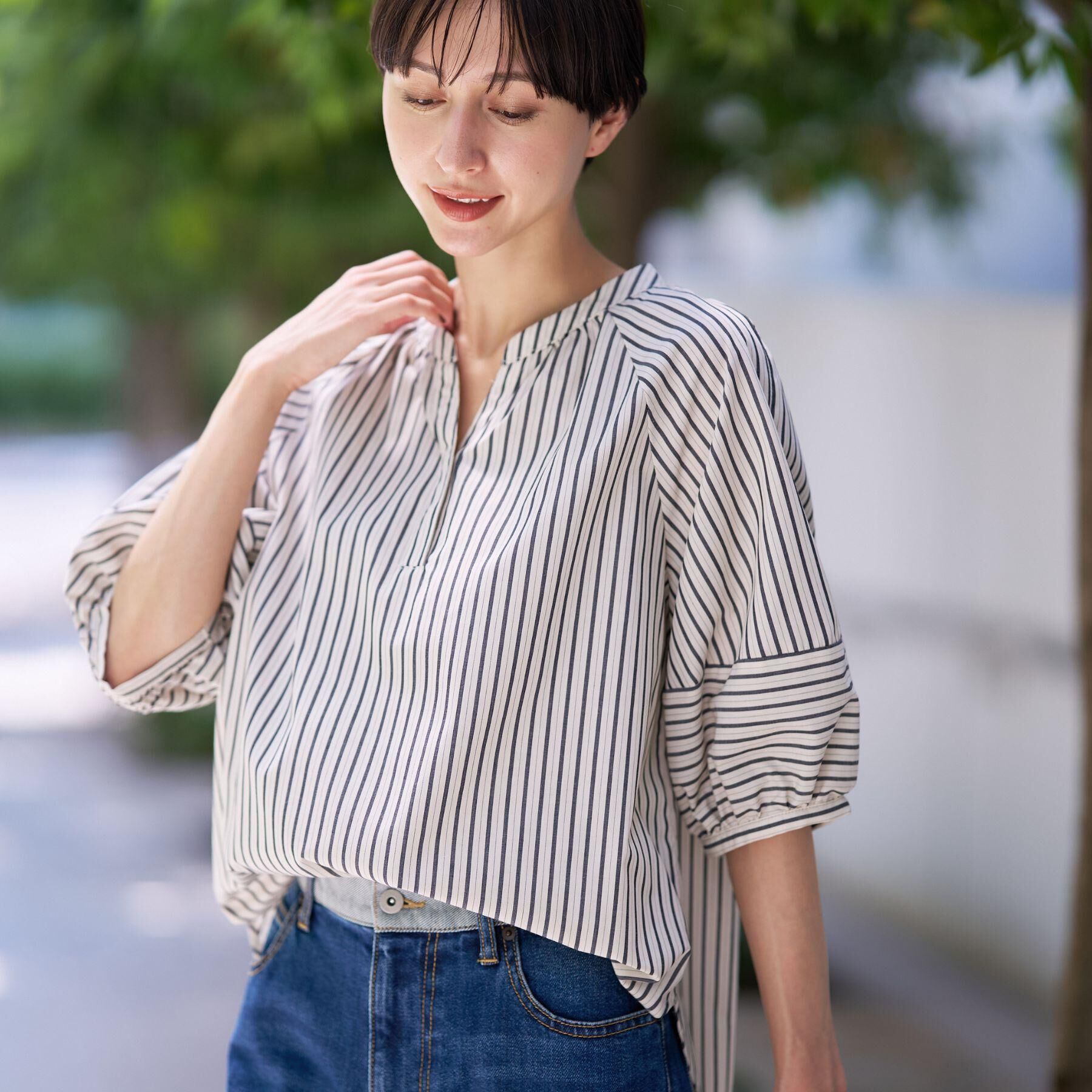 Dessin「【洗える/五分袖】ランタンスリーブスキッパーネックブラウス」|シャツ・ブラウス|