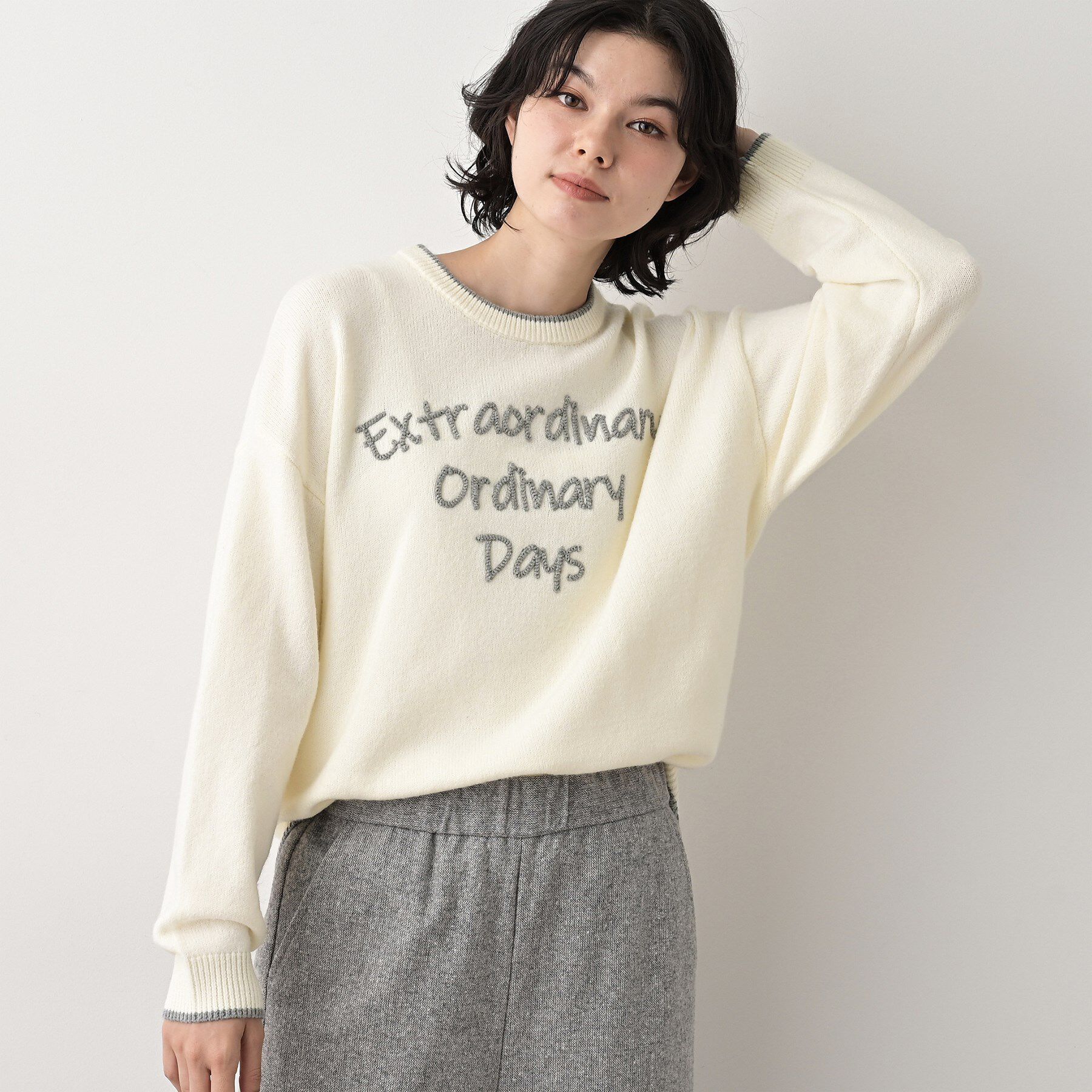 Dessin「【洗える】ペイント風刺繍入り配色ラインニット」|ニット・セーター|