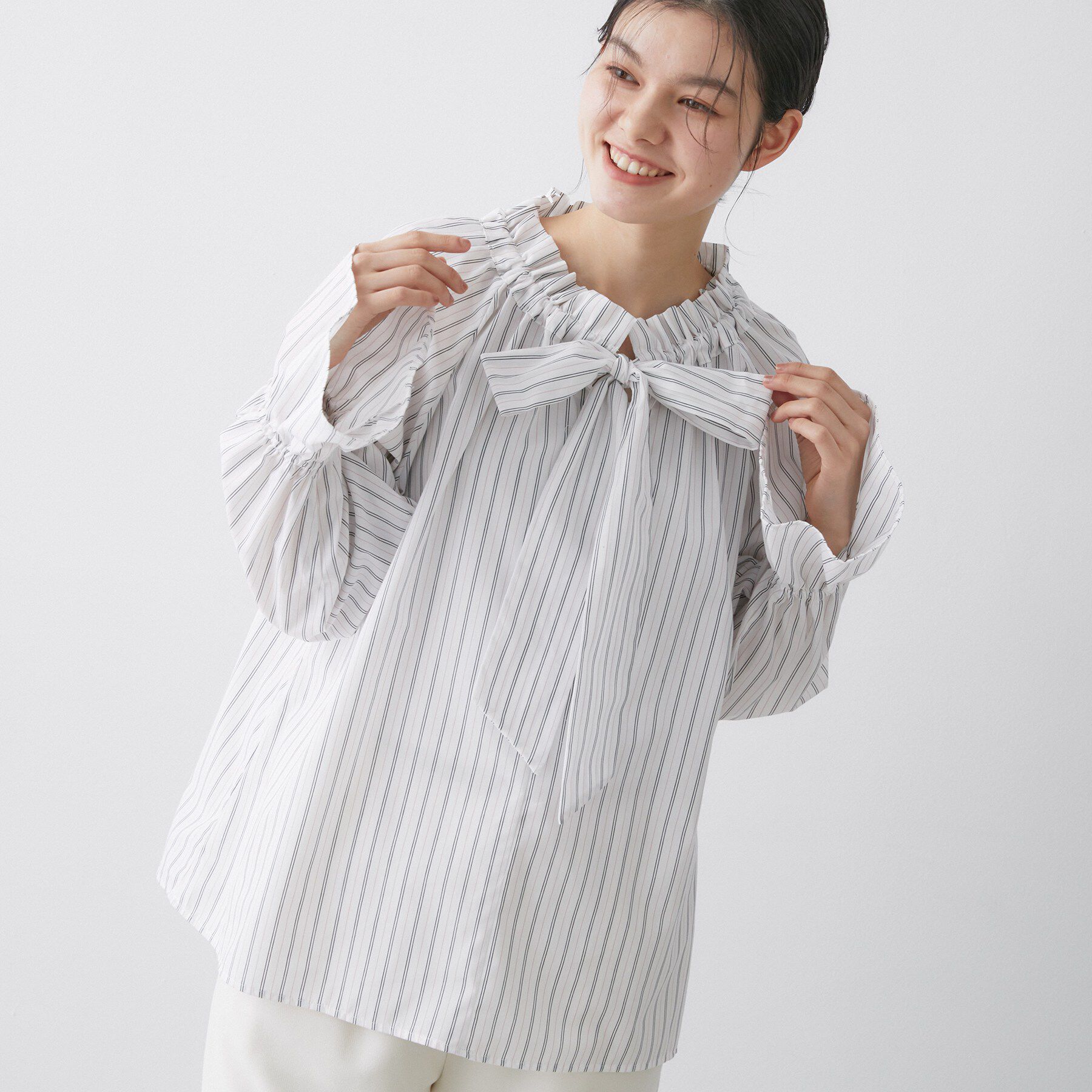 Dessin「【洗える】フリルボウタイストライプブラウス」|シャツ・ブラウス|