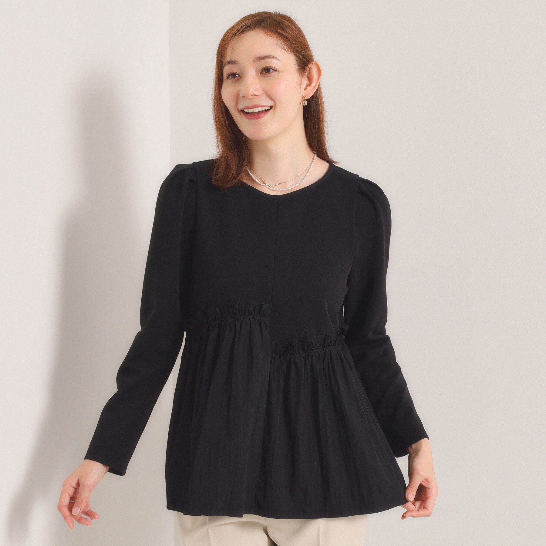 ITS&rsquo;DEMO「【洗濯機OK】異素材ドッキングトップス」|Tシャツ・カットソー|ブラック(019)