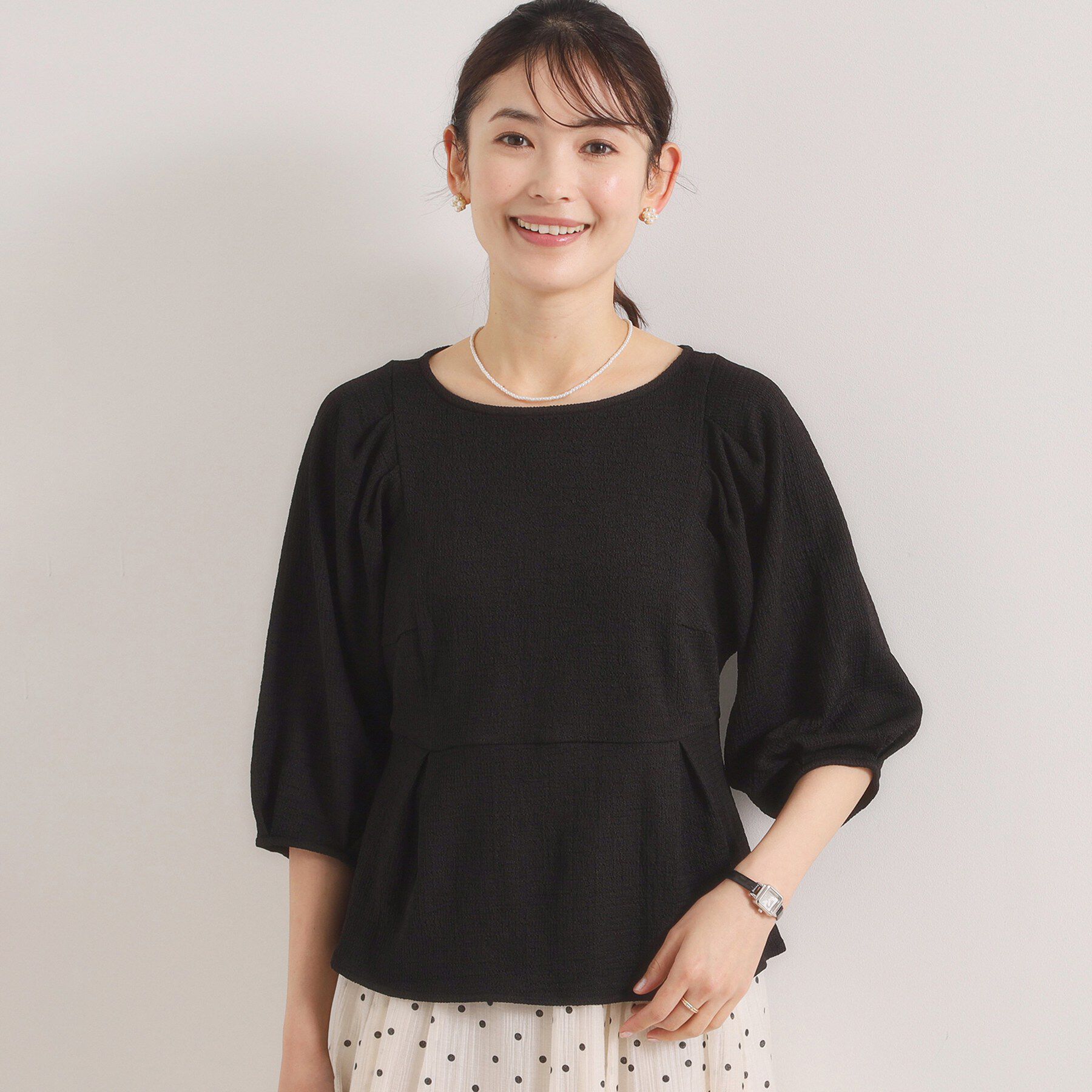 ITS&rsquo;DEMO「【洗濯機OK】シャーリングジャカードトップス」|Tシャツ・カットソー|ブラック(019)