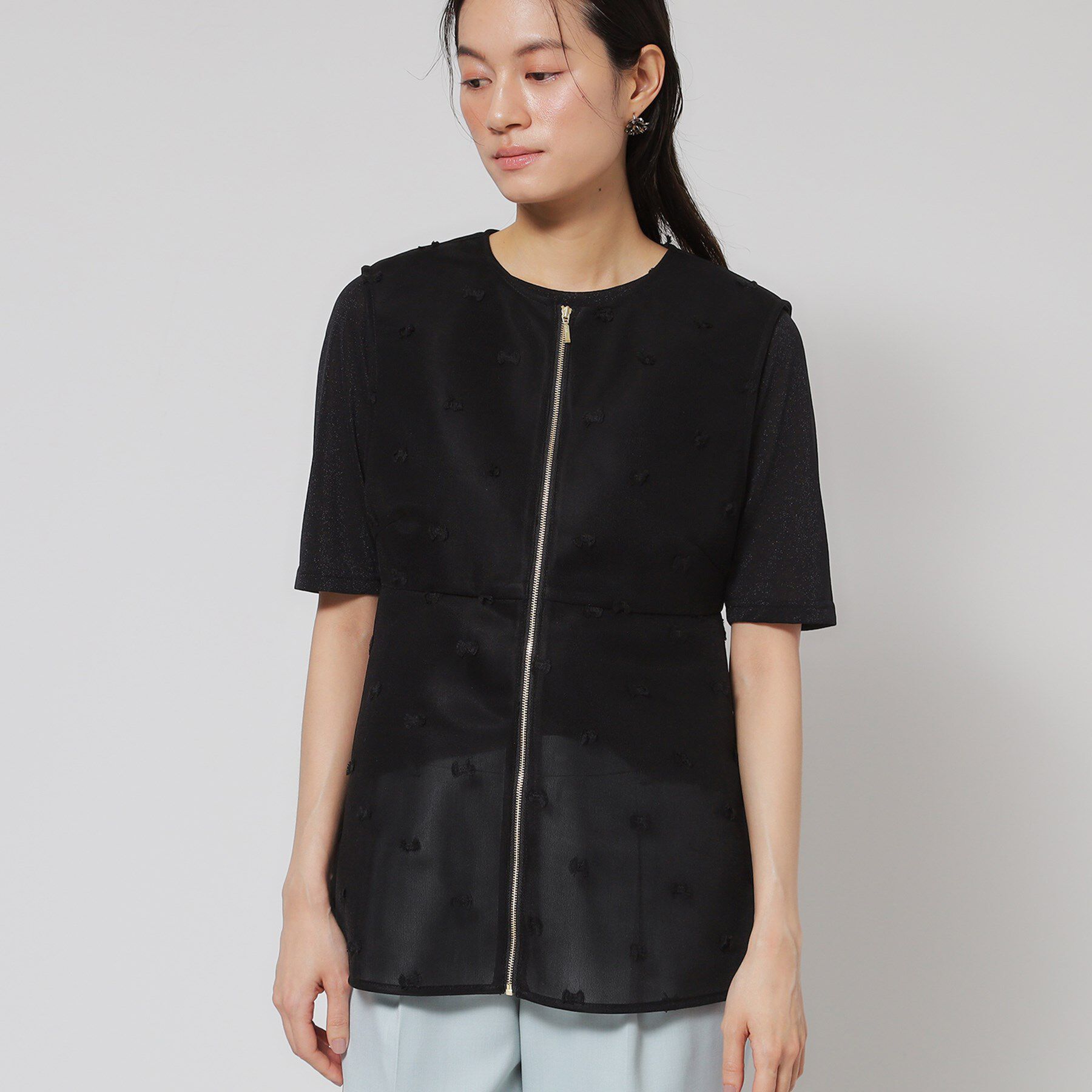 SunaUna「【ペプラム／ジップアップ】リボンジャカードトップス」|シャツ・ブラウス|